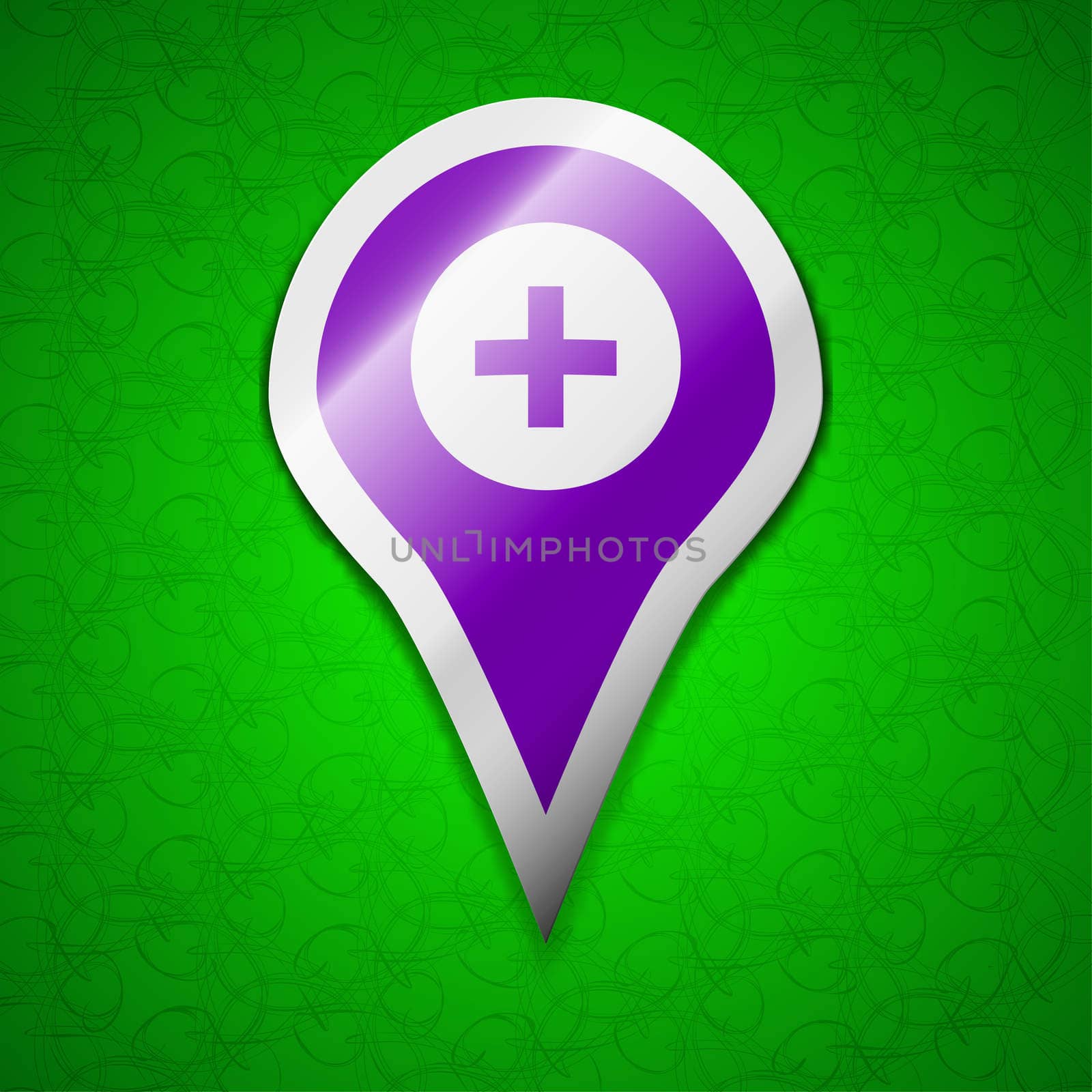 Plus Map pointer, GPS location icon sign. Symbol chic colored sticky label on green background.  by serhii_lohvyniuk