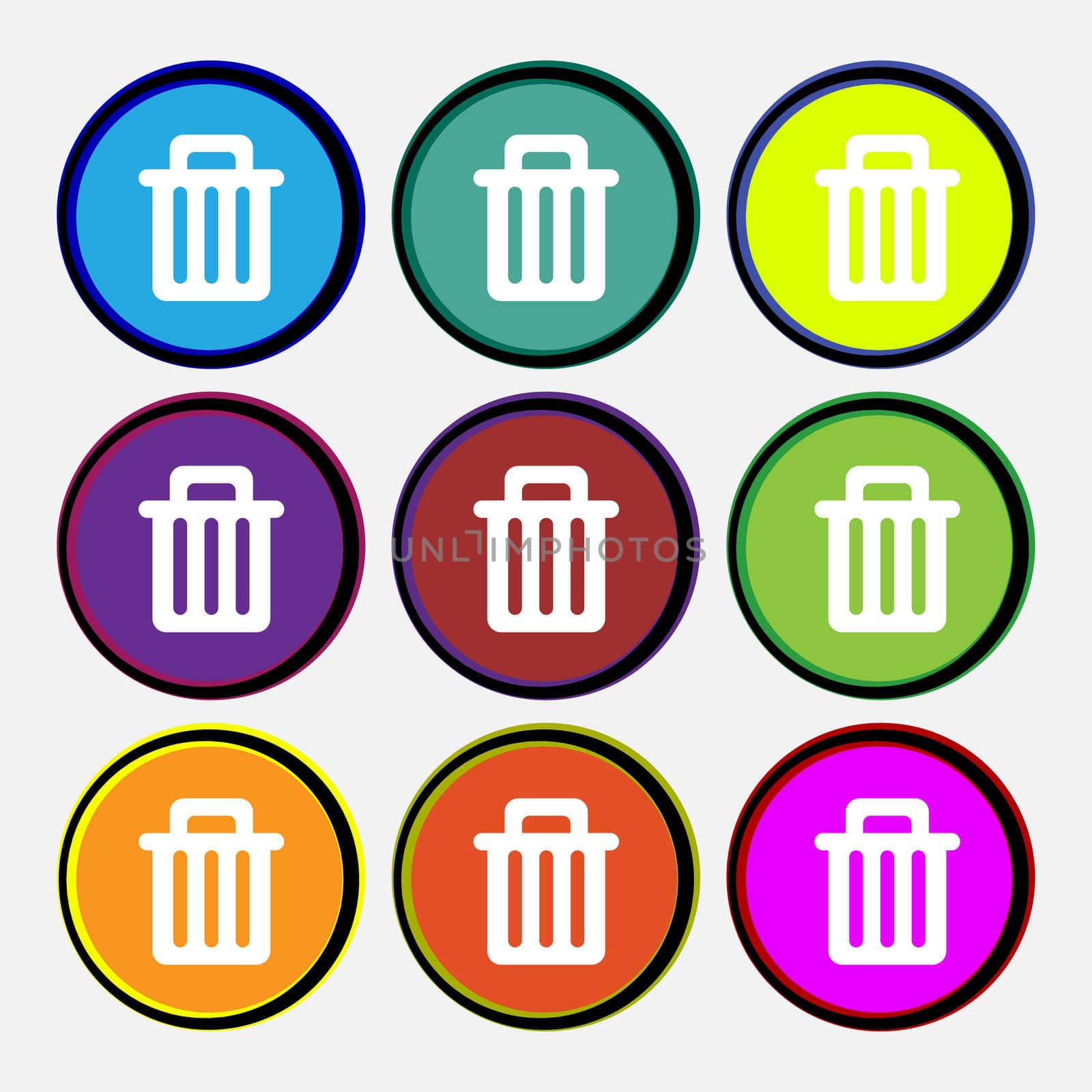 Recycle bin icon sign. Nine multi colored round buttons.  by serhii_lohvyniuk