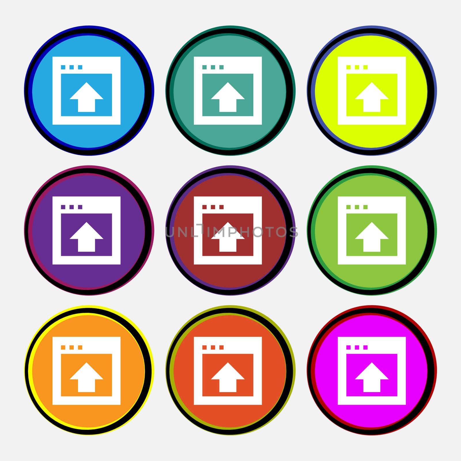 Direction arrow up icon sign. Nine multi-colored round buttons.  by serhii_lohvyniuk