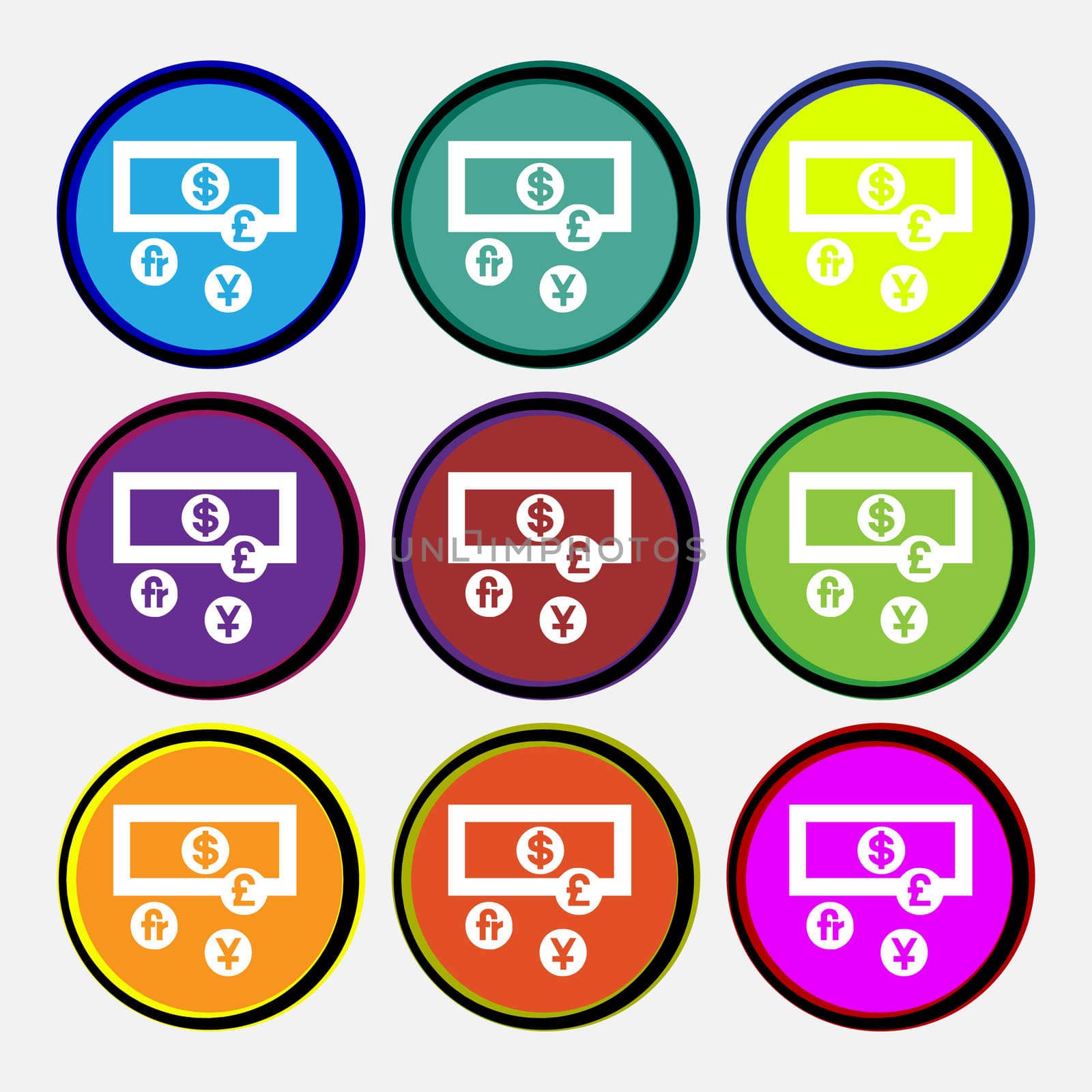 currencies of the world icon sign. Nine multi colored round buttons. illustration
