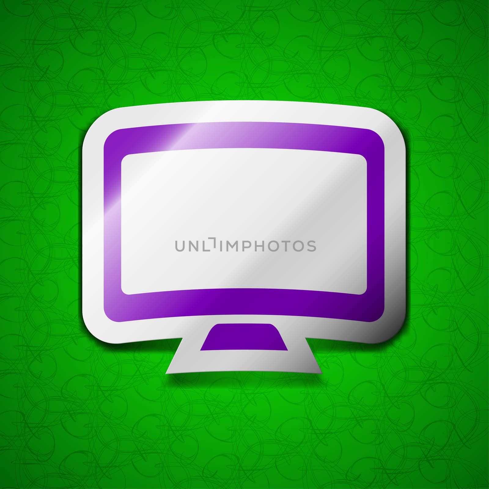 Computer widescreen monitor icon sign. Symbol chic colored sticky label on green background.  by serhii_lohvyniuk