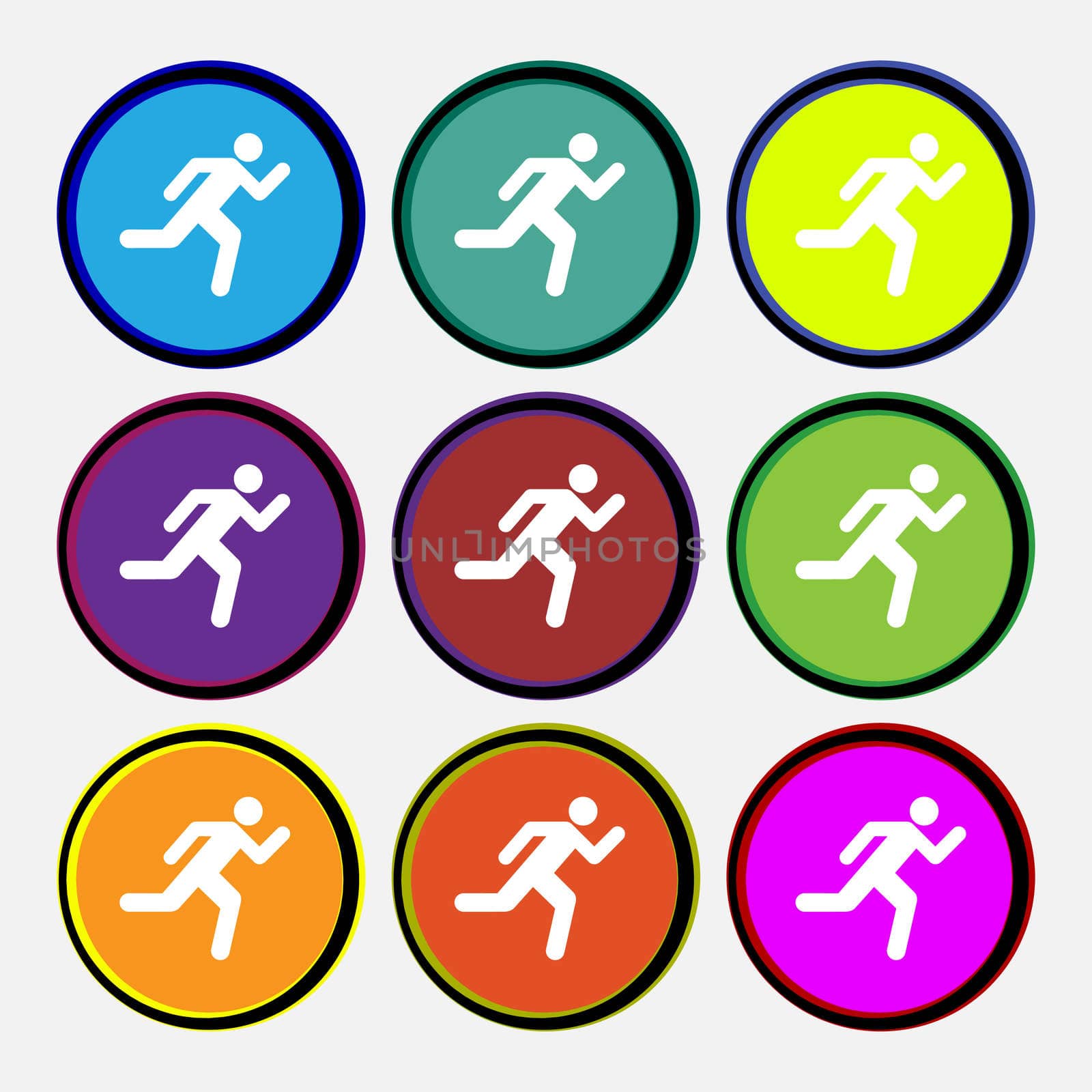 running man icon sign. Nine multi colored round buttons.  by serhii_lohvyniuk