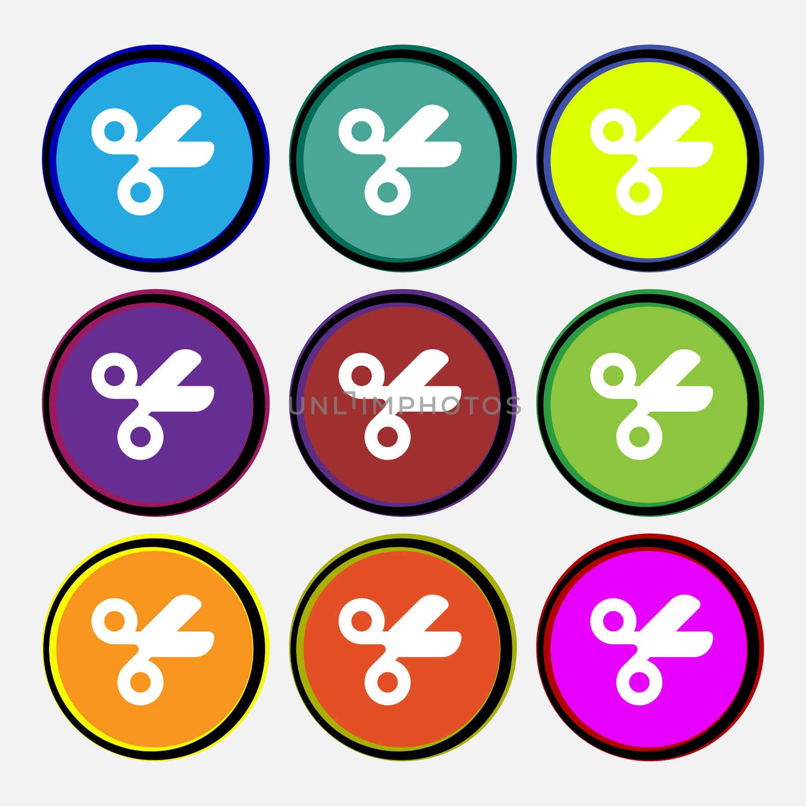 Scissors hairdresser, Tailor icon sign. Nine multi-colored round buttons.  by serhii_lohvyniuk