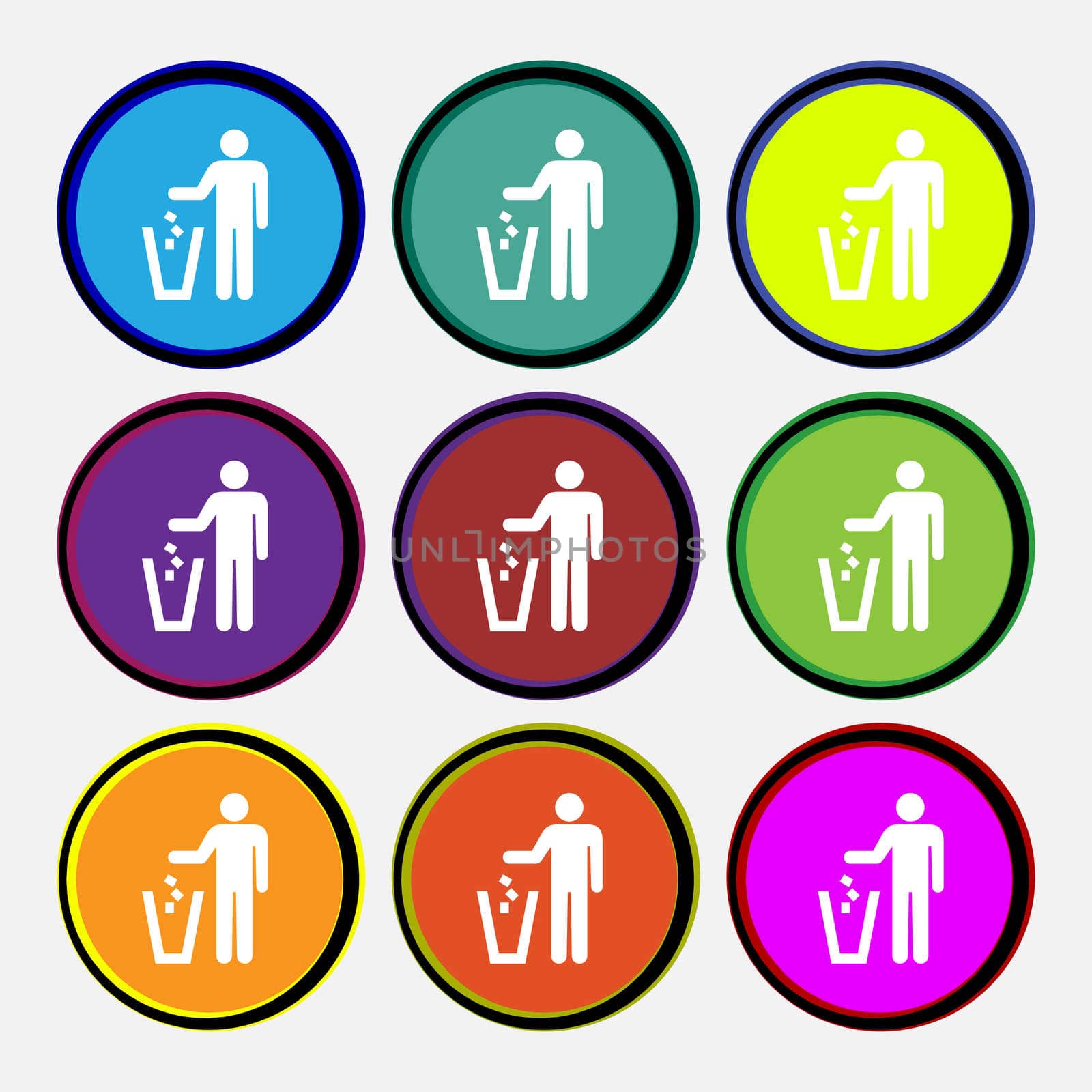 throw away the trash icon sign. Nine multi colored round buttons.  by serhii_lohvyniuk