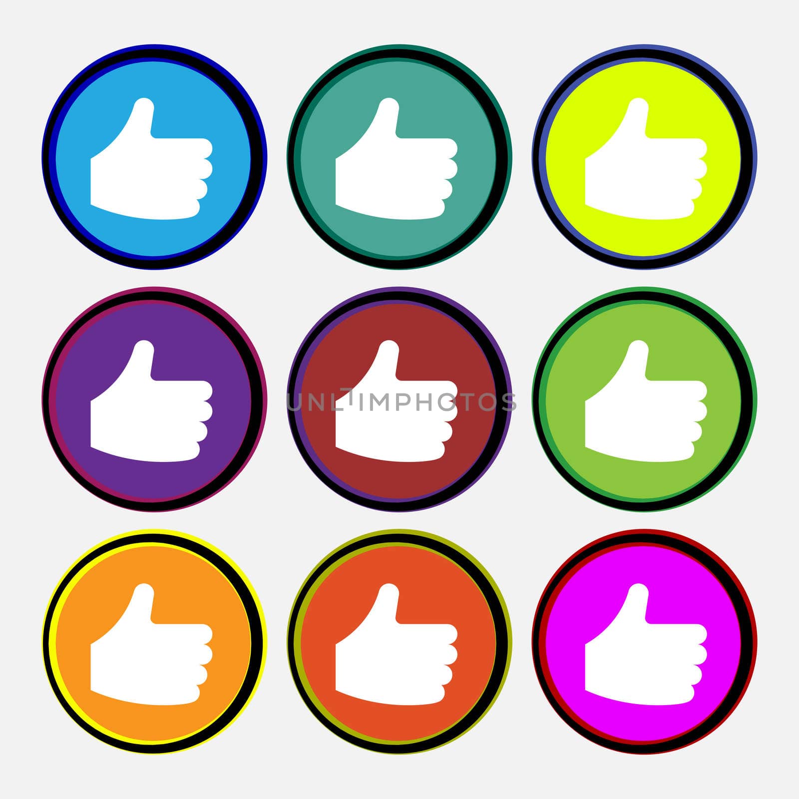 Like, Thumb up icon sign. Nine multi-colored round buttons. illustration