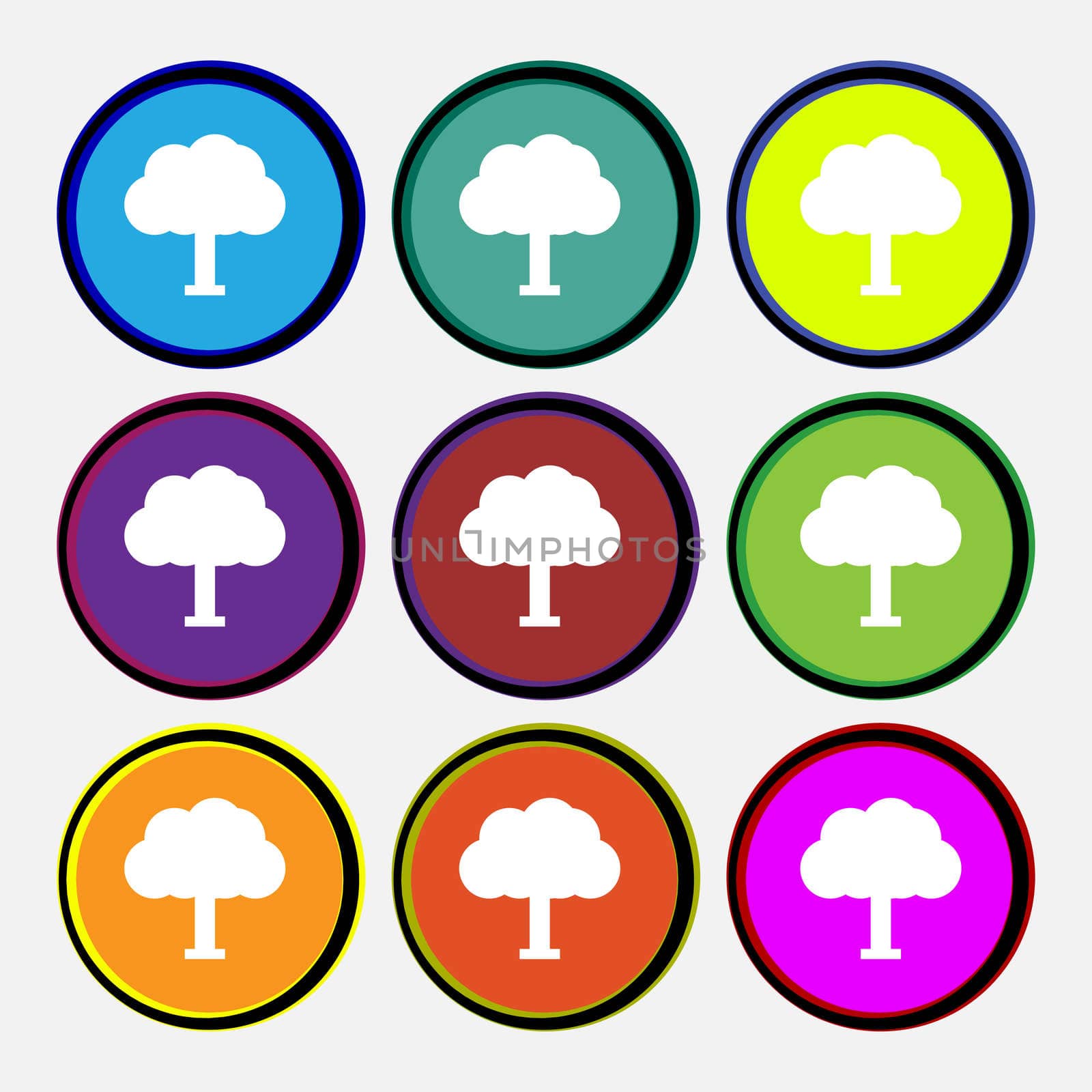 Tree, Forest icon sign. Nine multi-colored round buttons.  by serhii_lohvyniuk