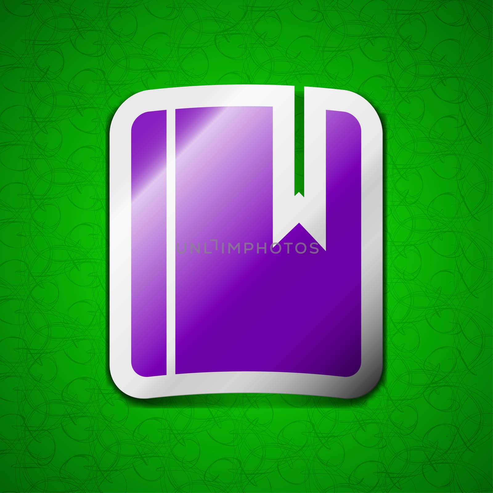 book bookmark icon sign. Symbol chic colored sticky label on green background. illustration