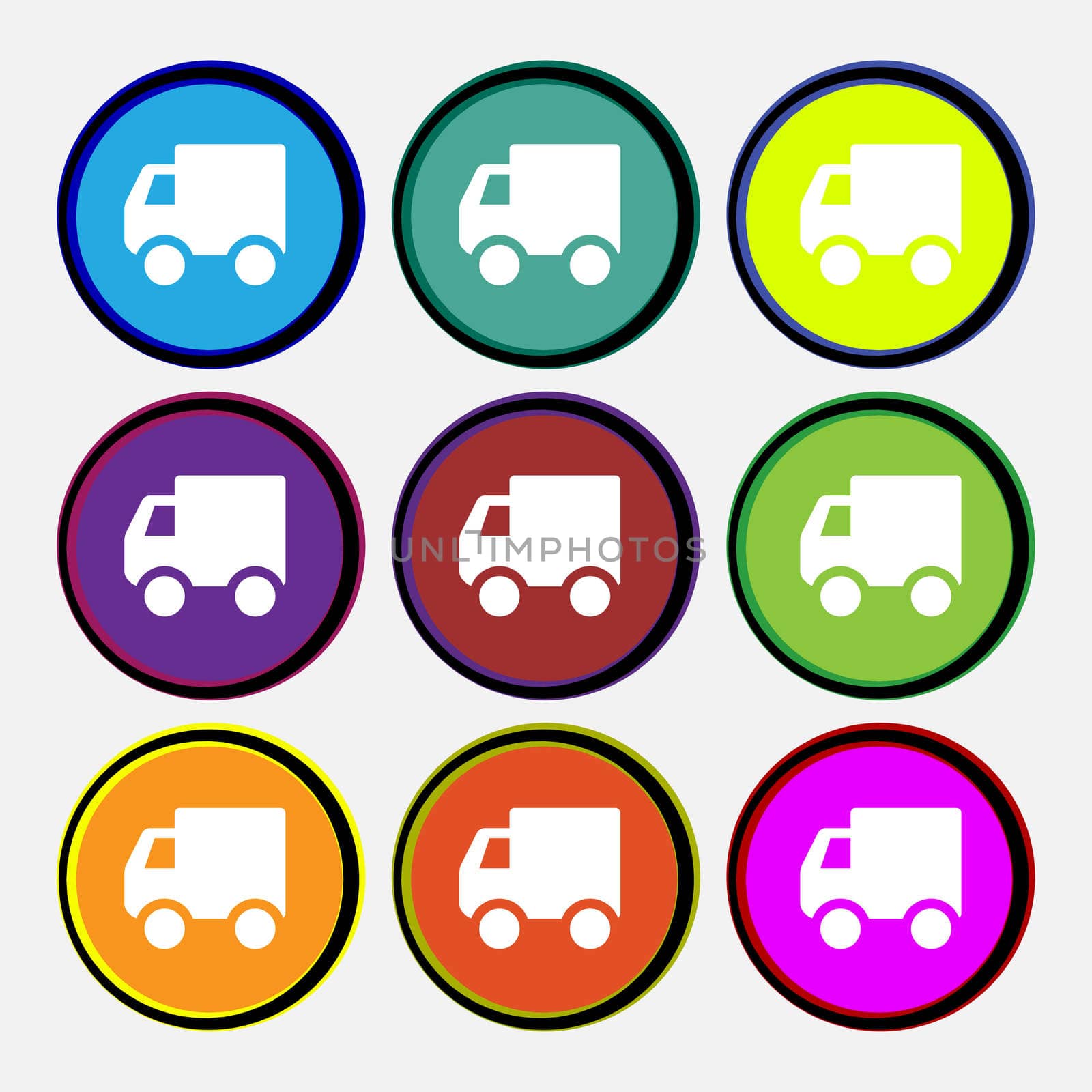 Delivery truck icon sign. Nine multi-colored round buttons.  by serhii_lohvyniuk