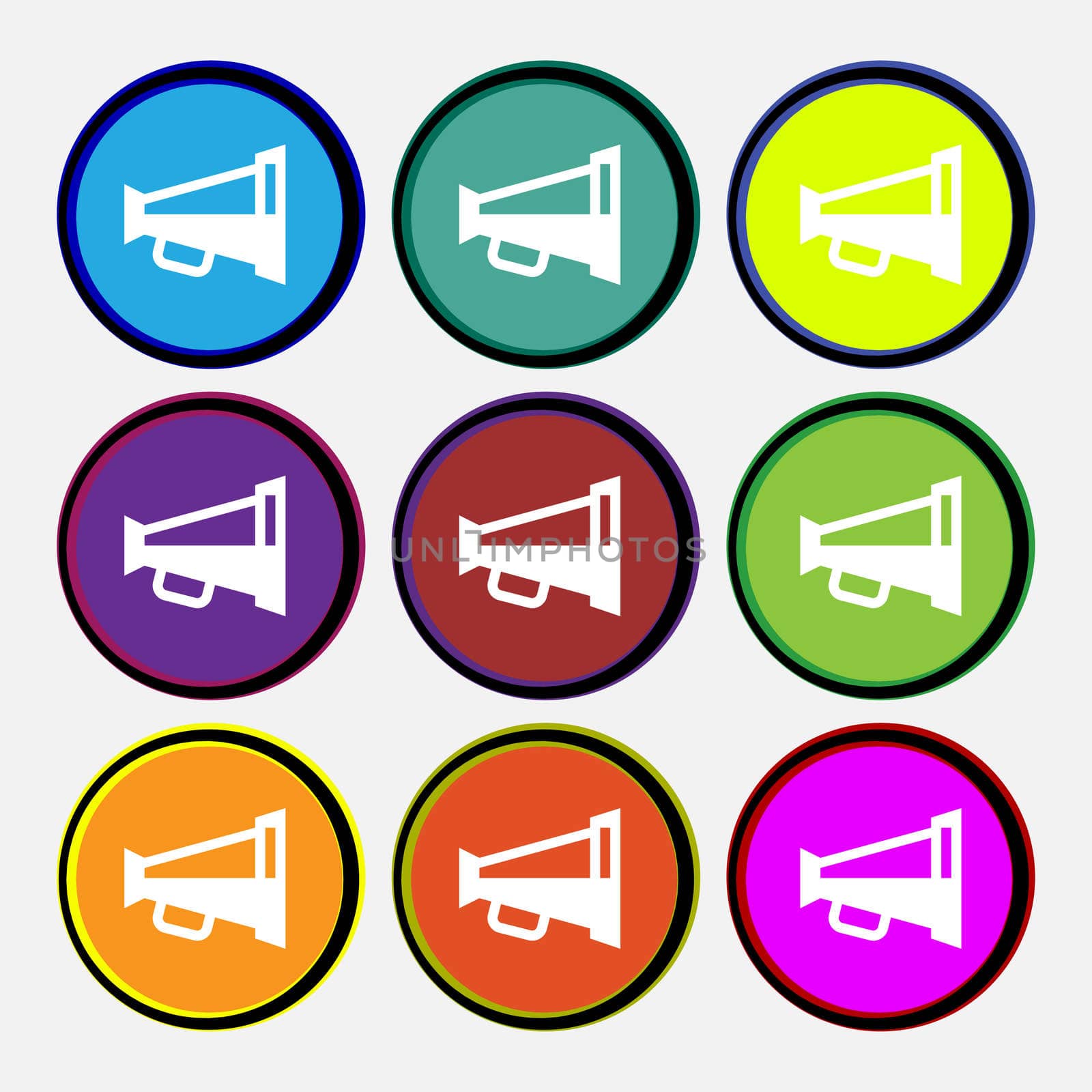 Megaphone soon, Loudspeaker icon sign. Nine multi-colored round buttons.  by serhii_lohvyniuk