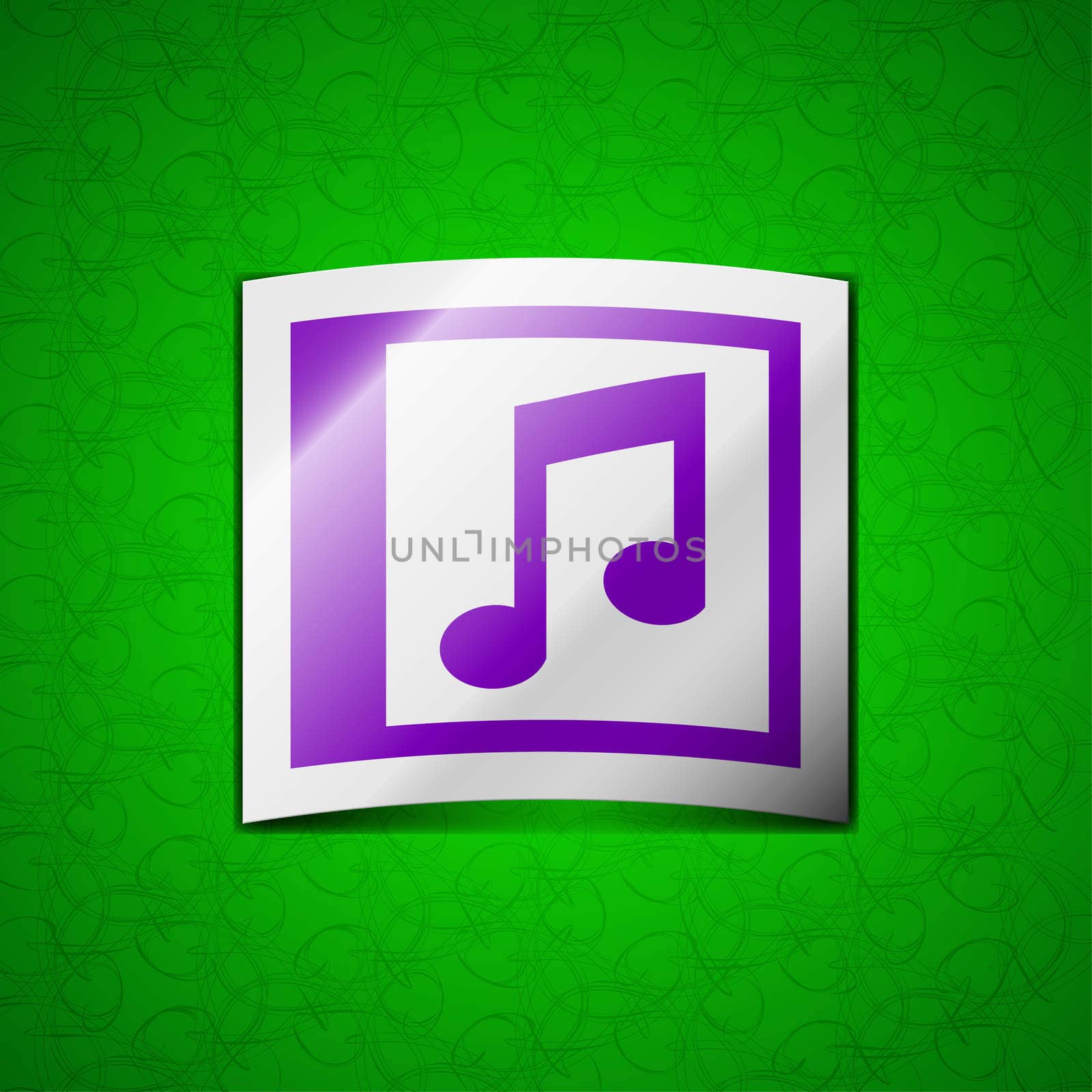Audio, MP3 file icon sign. Symbol chic colored sticky label on green background. illustration