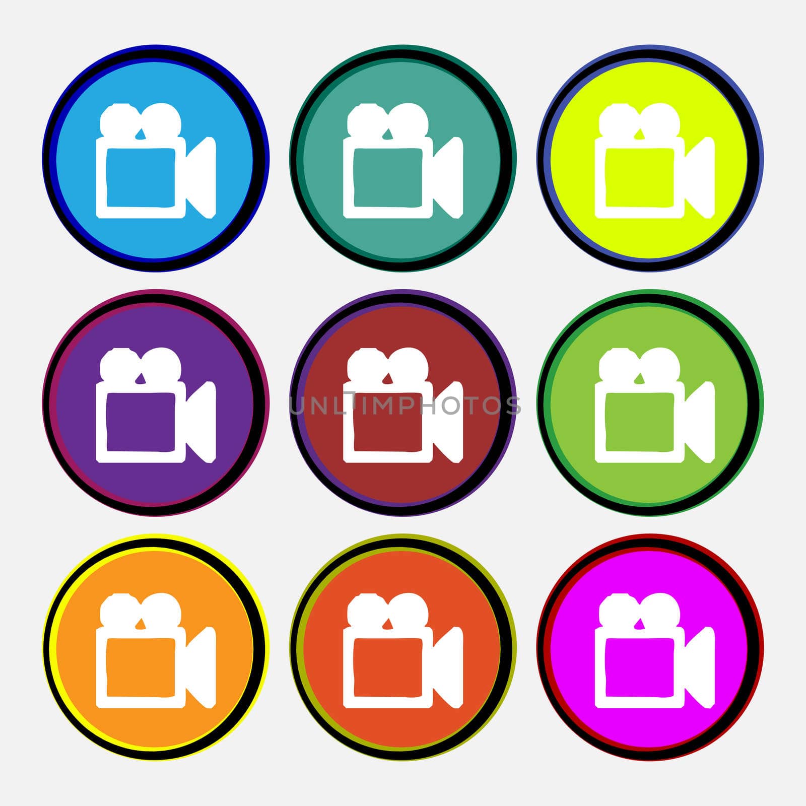 camcorder icon sign. Nine multi colored round buttons. illustration