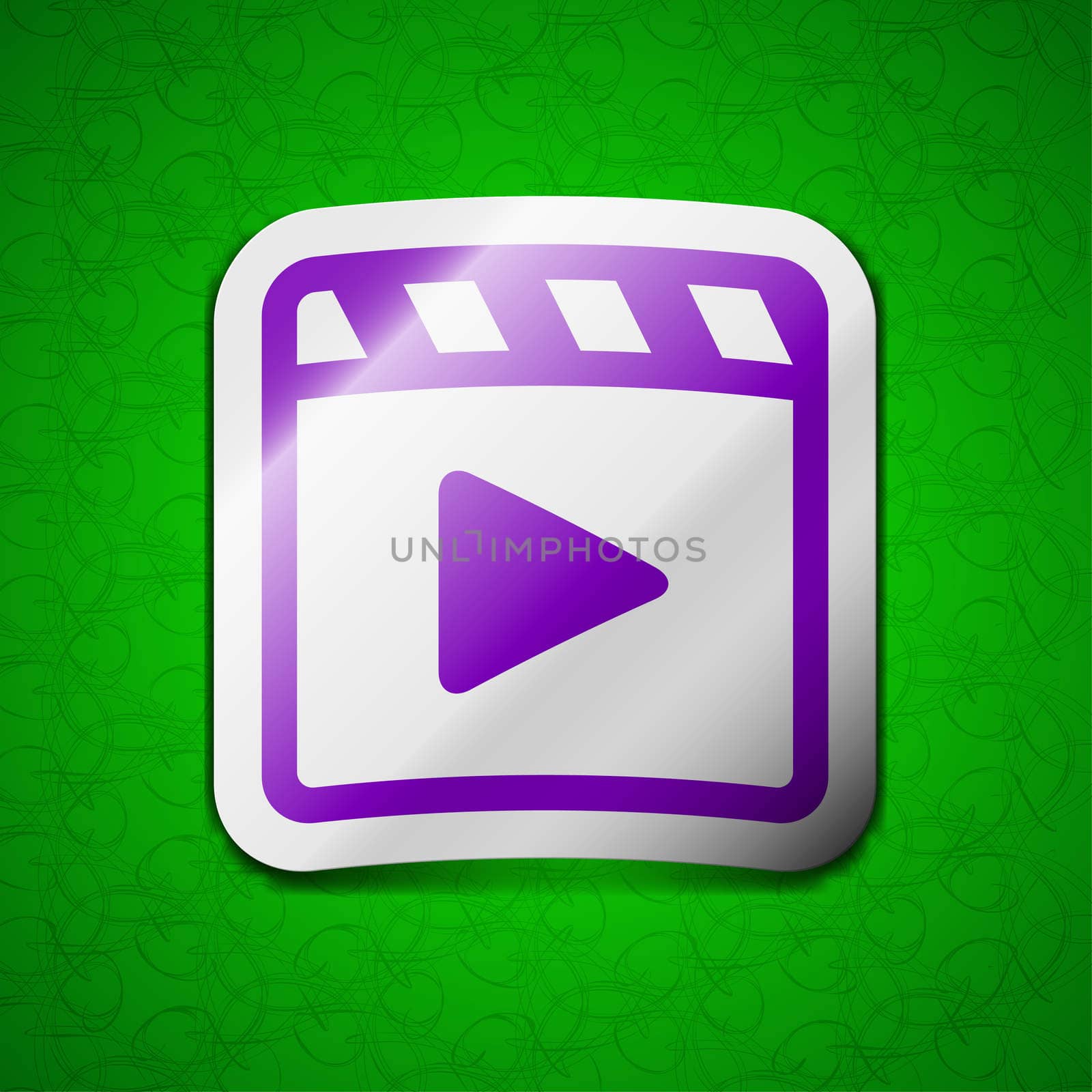 Play video icon sign. Symbol chic colored sticky label on green background. illustration