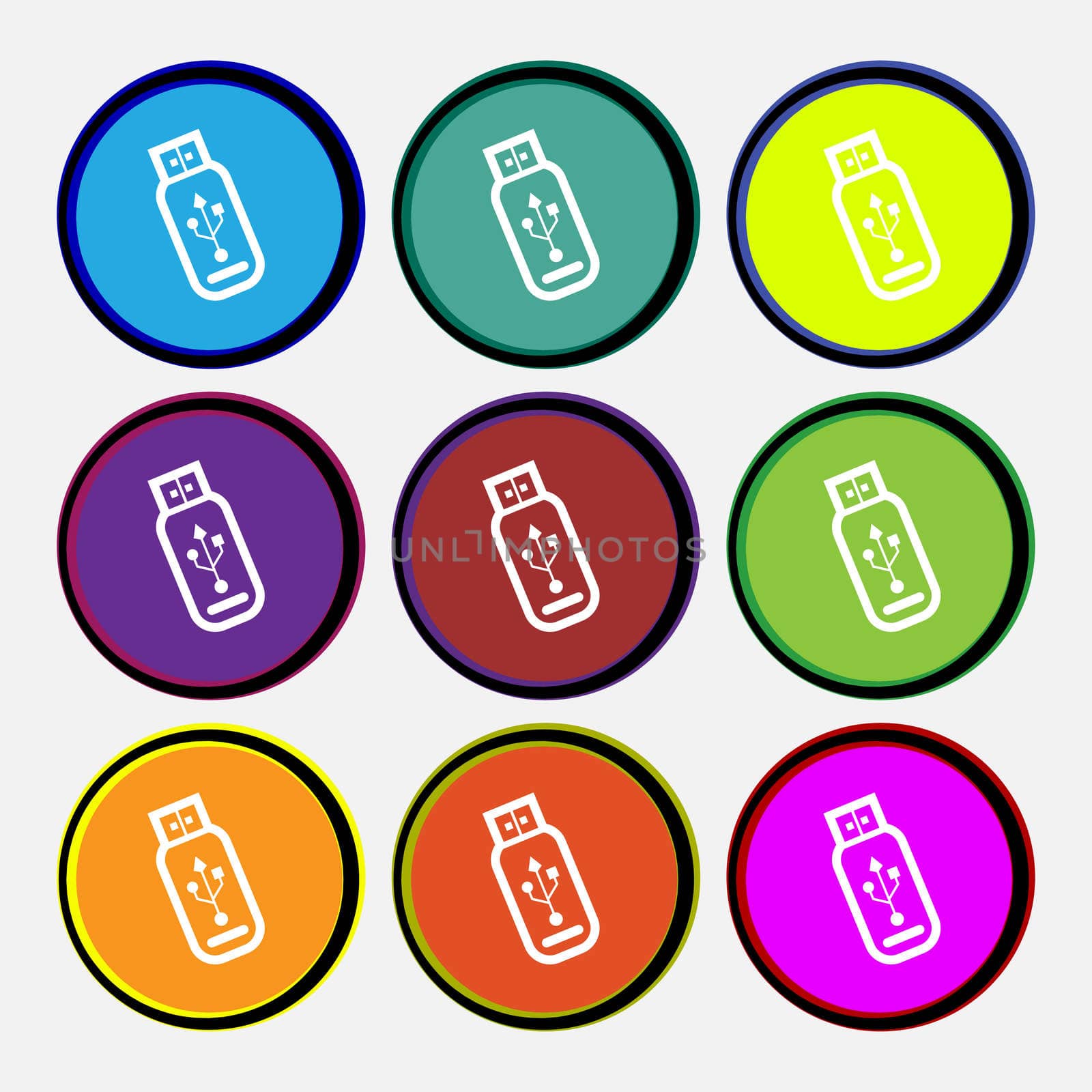 Usb flash drive icon sign. Nine multi colored round buttons. illustration