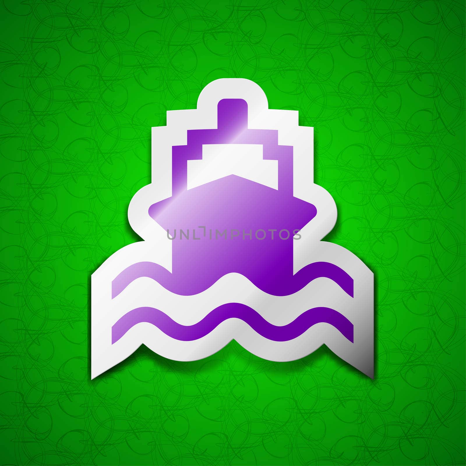 ship icon sign. Symbol chic colored sticky label on green background. illustration