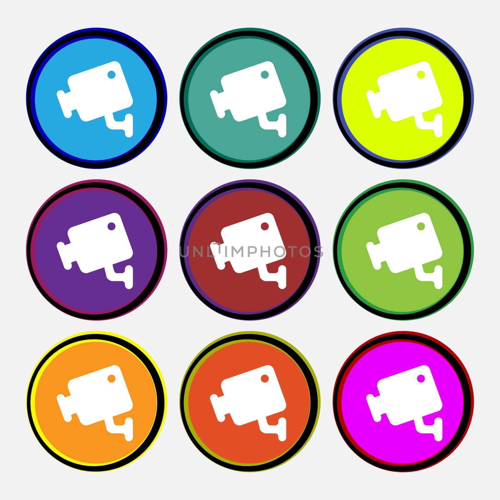video camera icon sign. Nine multi-colored round buttons. illustration