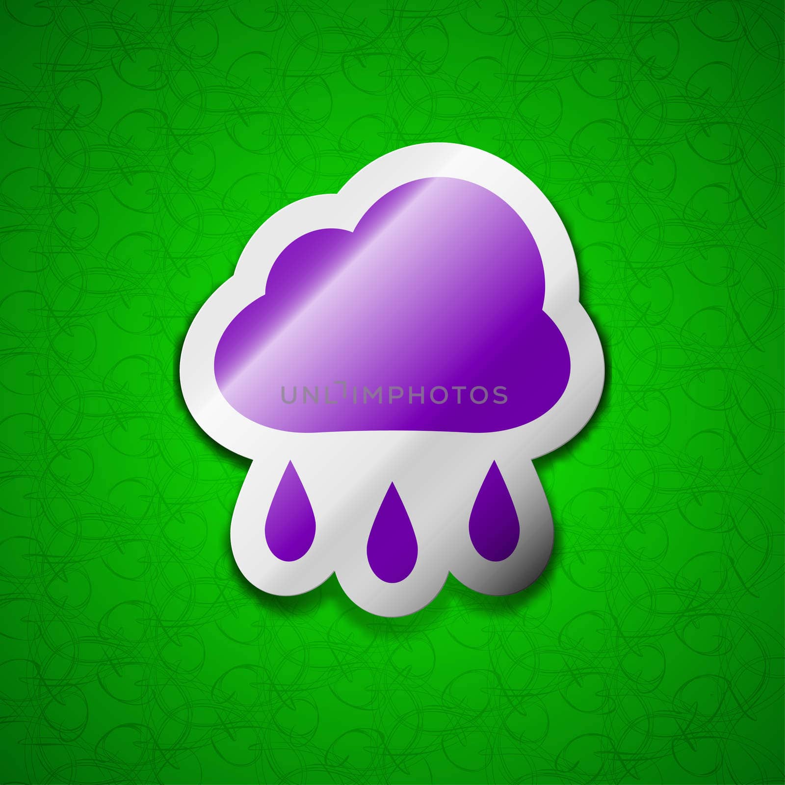 Weather Rain icon sign. Symbol chic colored sticky label on green background. illustration