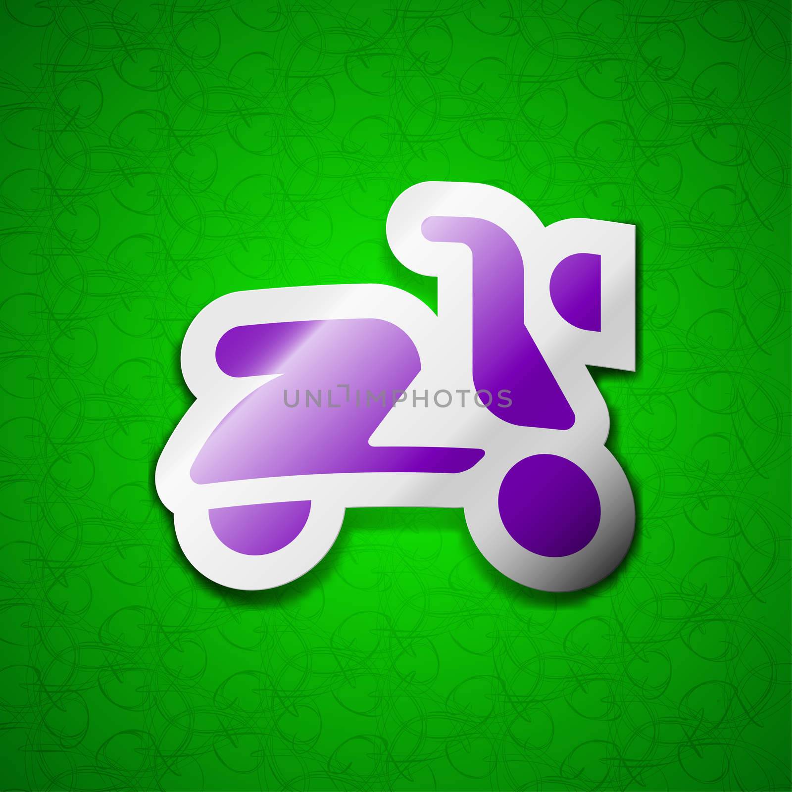 Scooter, bike icon sign. Symbol chic colored sticky label on green background. illustration