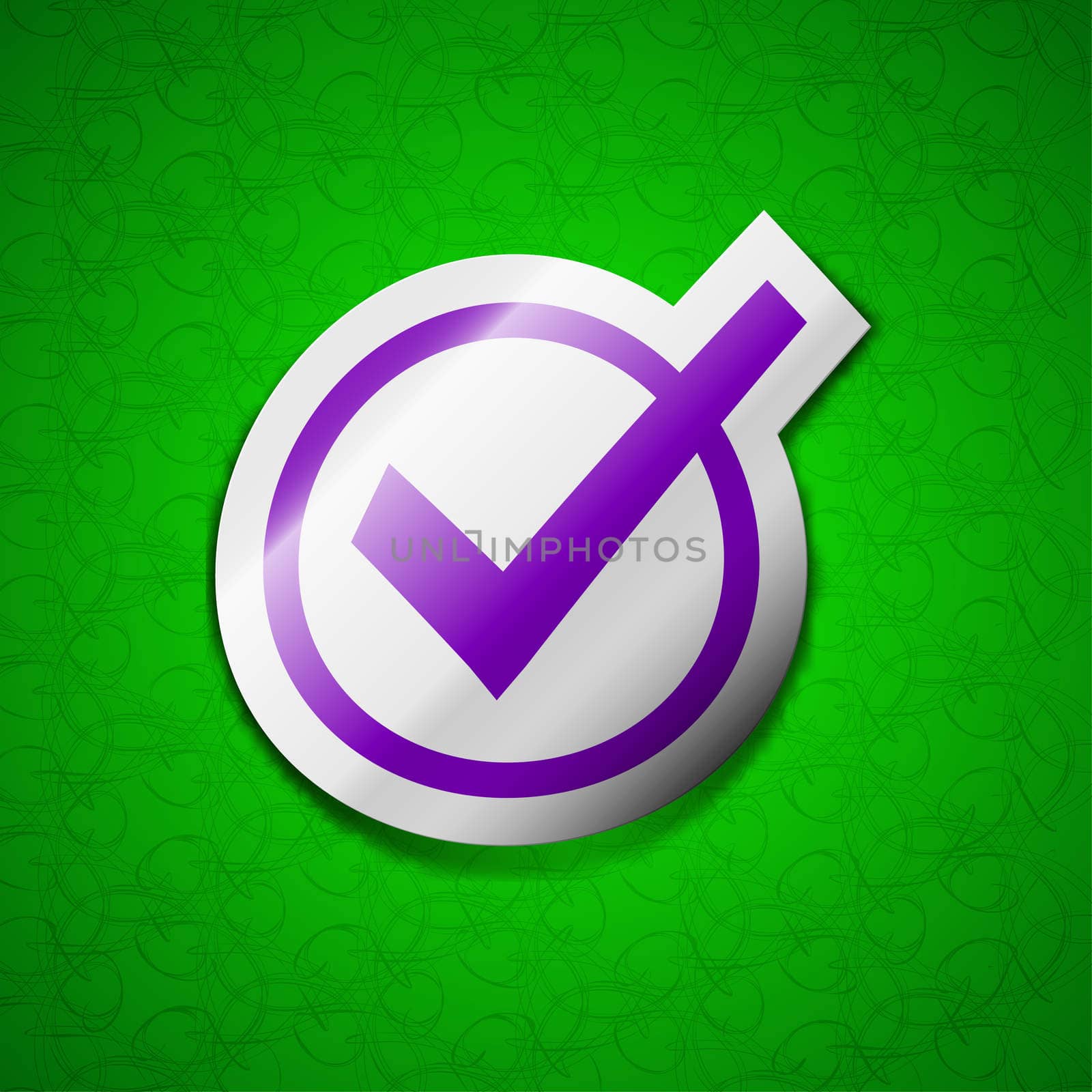 Check mark, tik icon sign. Symbol chic colored sticky label on green background. illustration