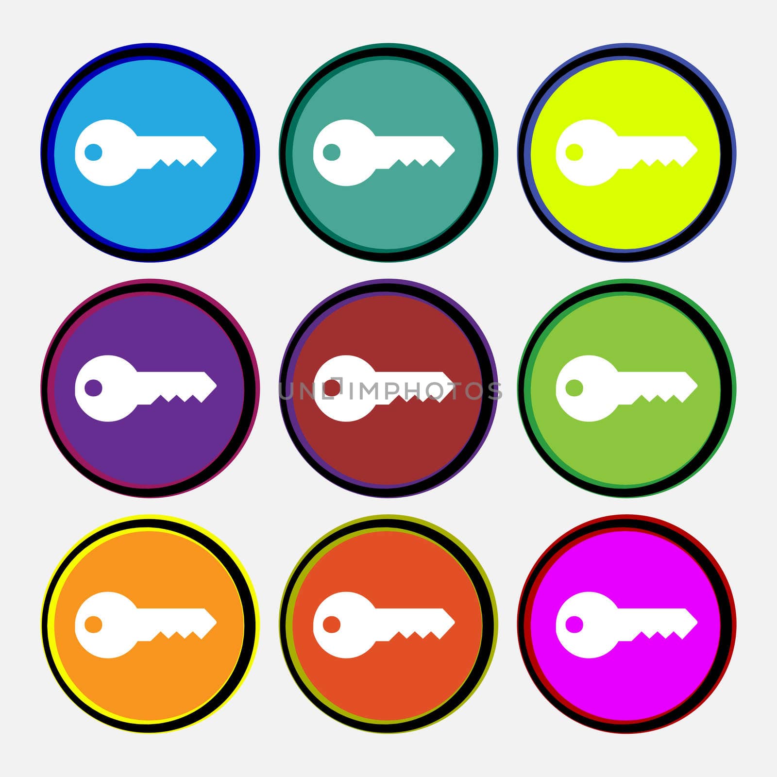 key icon sign. Nine multi colored round buttons. illustration