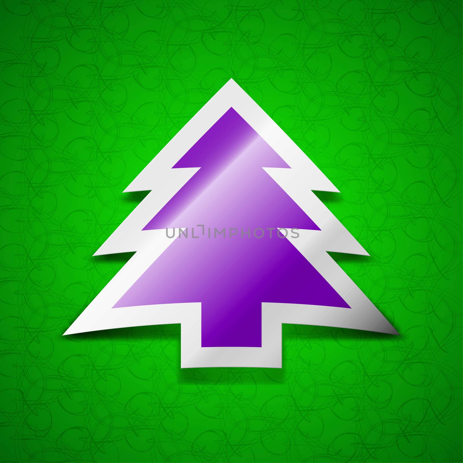 Christmas tree icon sign. Symbol chic colored sticky label on green background.  by serhii_lohvyniuk