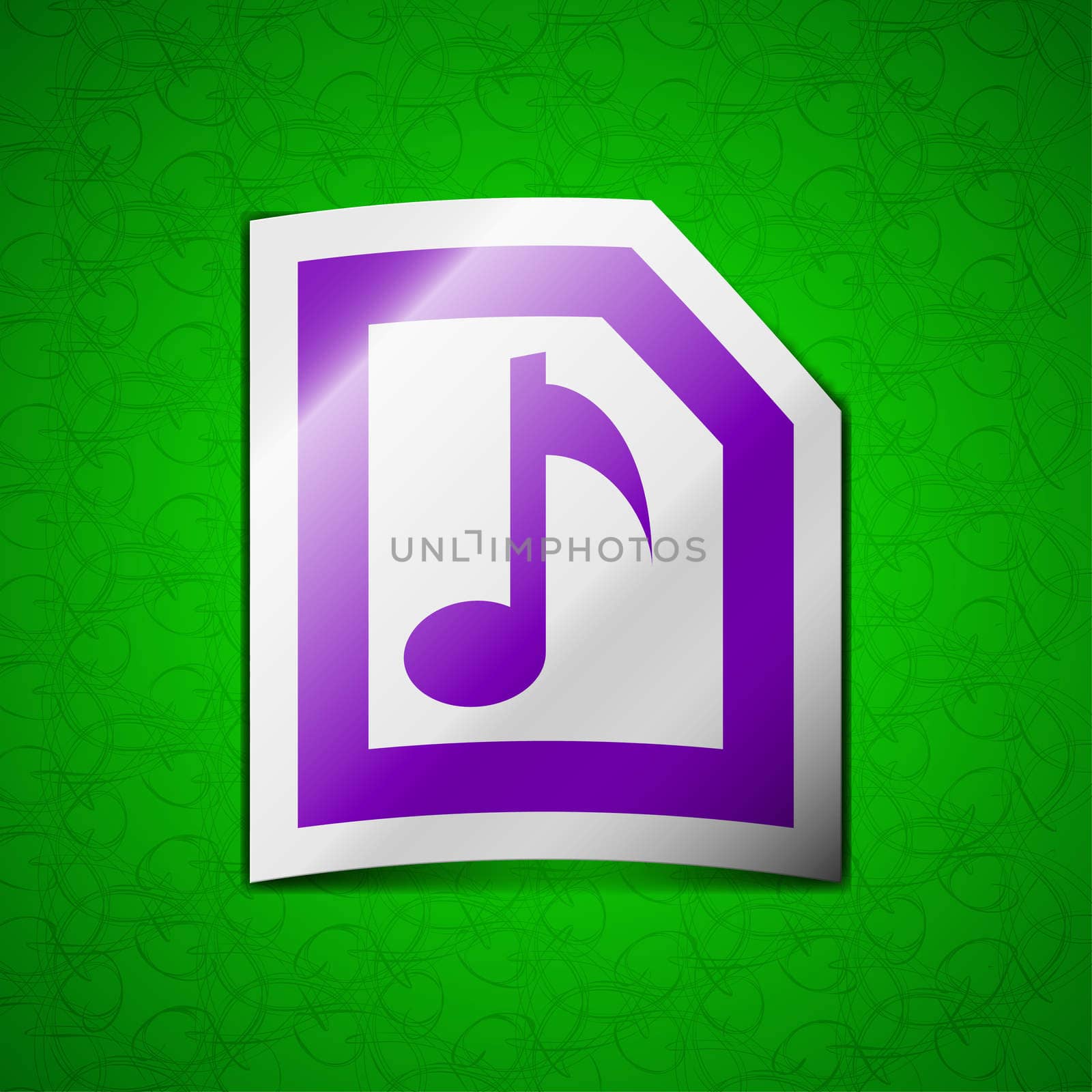 Audio, MP3 file icon sign. Symbol chic colored sticky label on green background.  by serhii_lohvyniuk