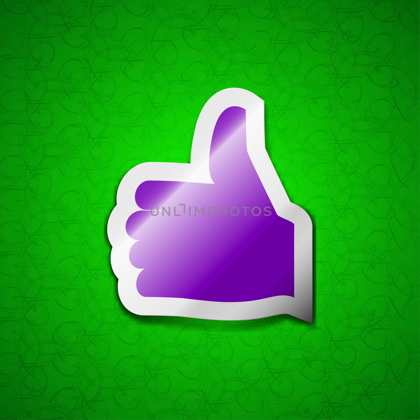 Like, Thumb up icon sign. Symbol chic colored sticky label on green background.  by serhii_lohvyniuk