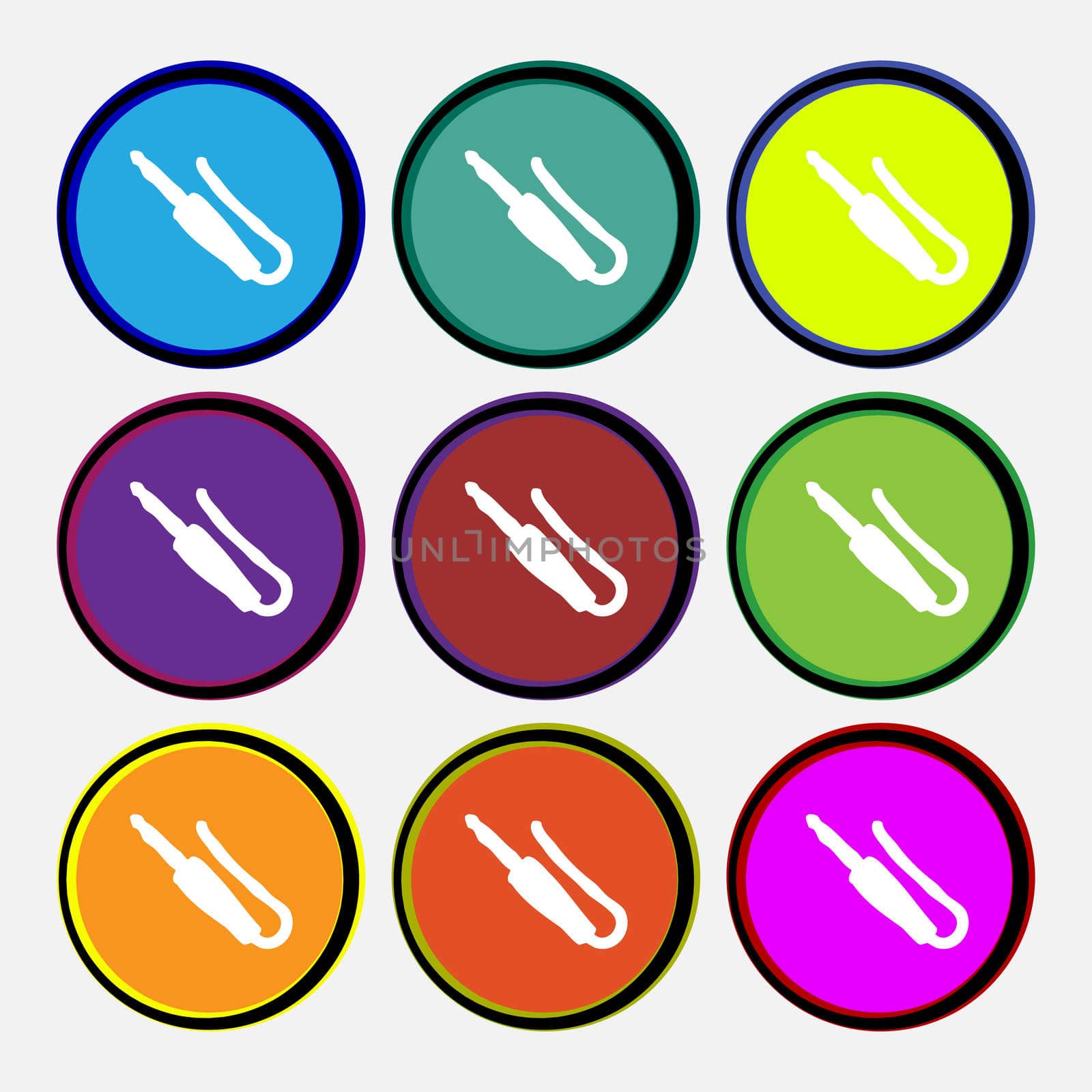 plug, mini jack icon sign. Nine multi colored round buttons. illustration