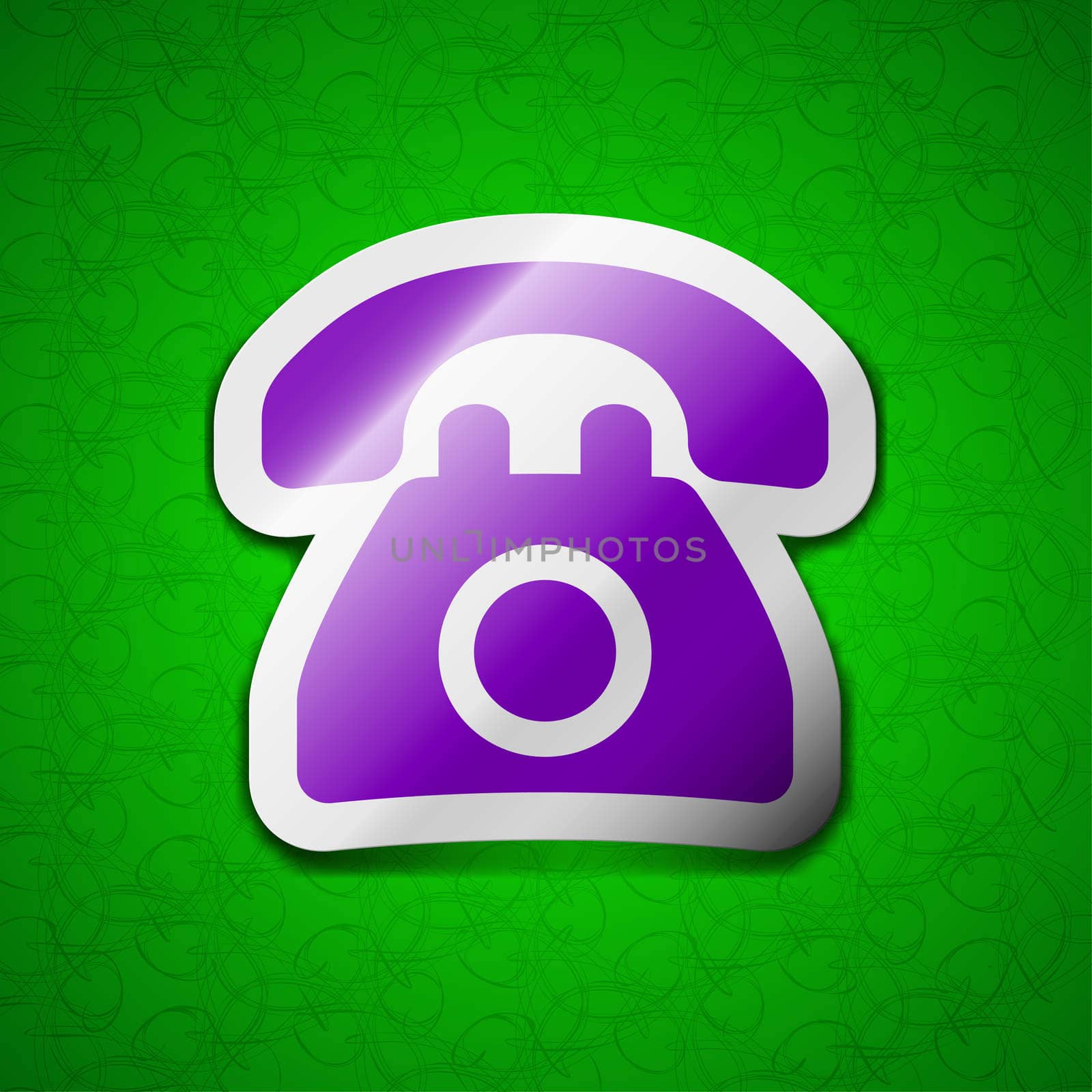 Retro telephone icon sign. Symbol chic colored sticky label on green background. illustration