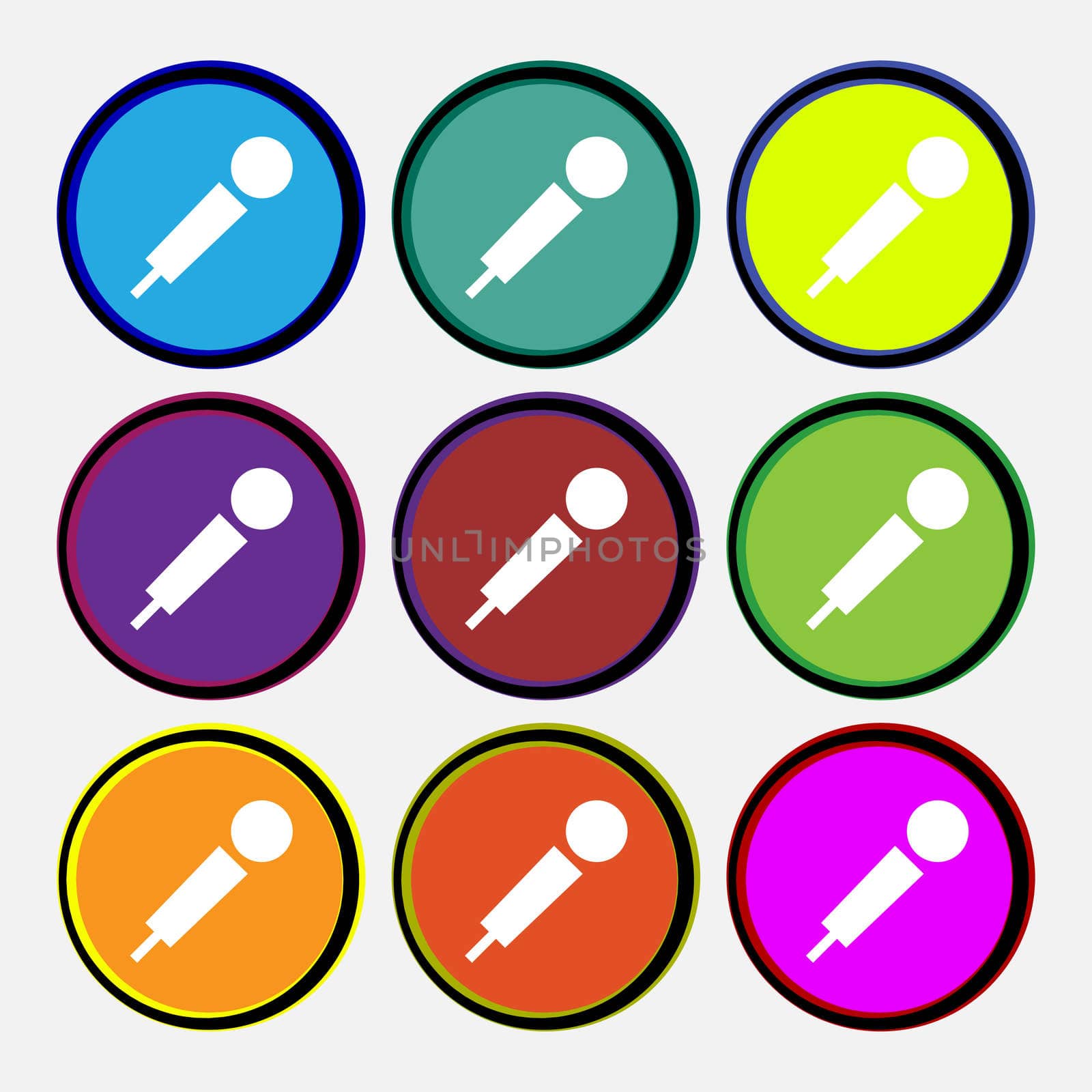 microphone icon sign. Nine multi colored round buttons. illustration