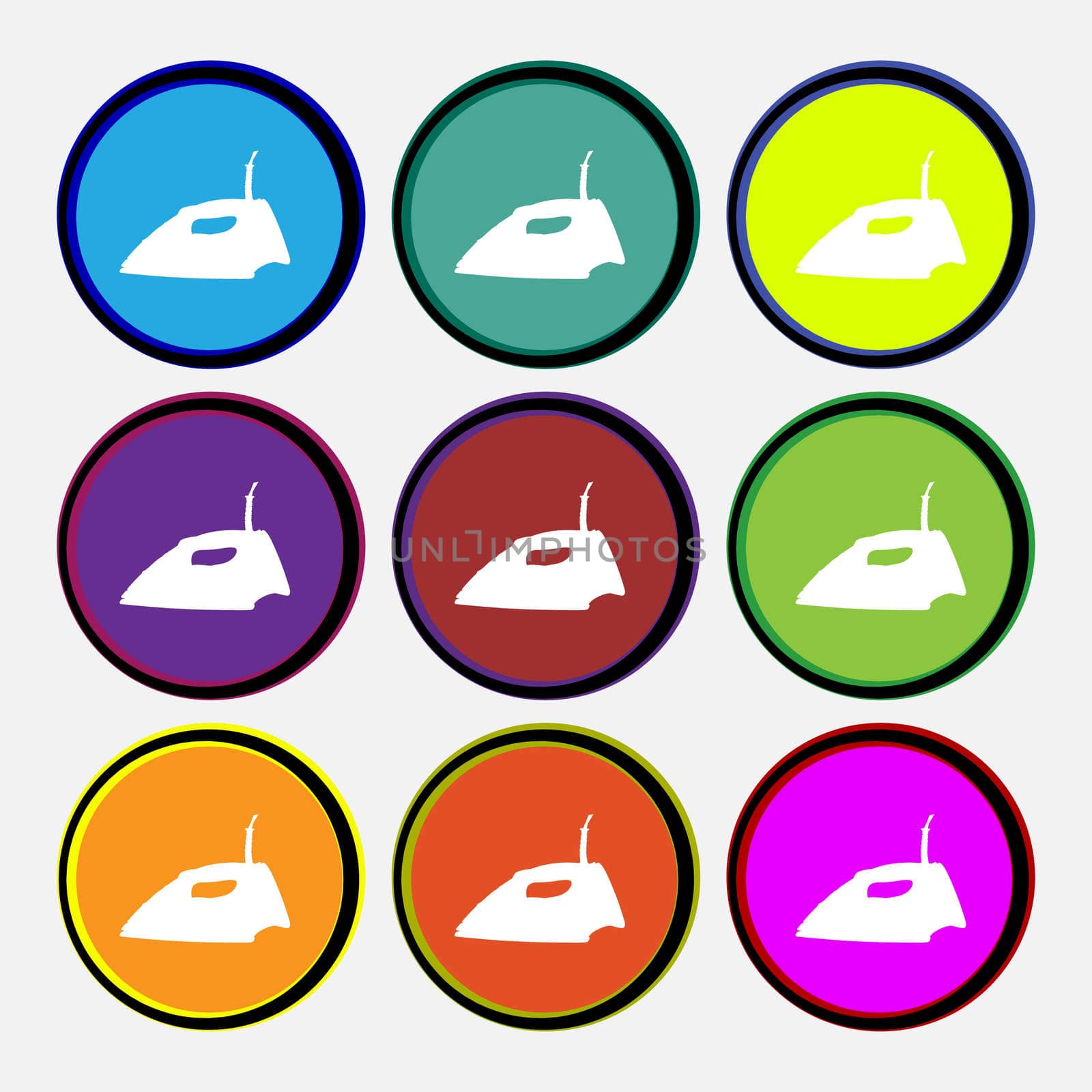 Iron icon sign. Nine multi colored round buttons. illustration