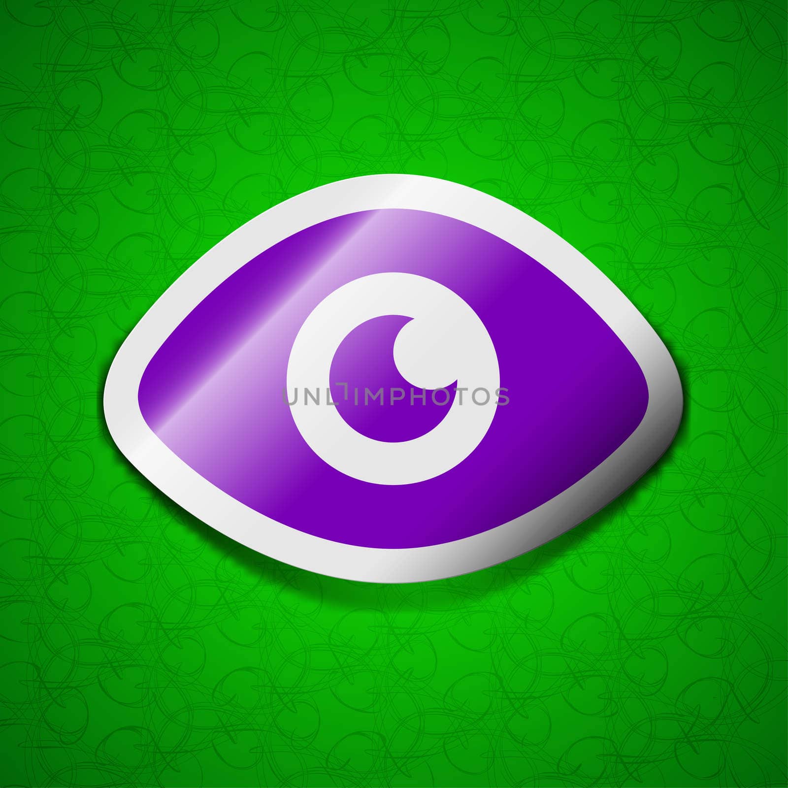 Eye, Publish content icon sign. Symbol chic colored sticky label on green background. illustration