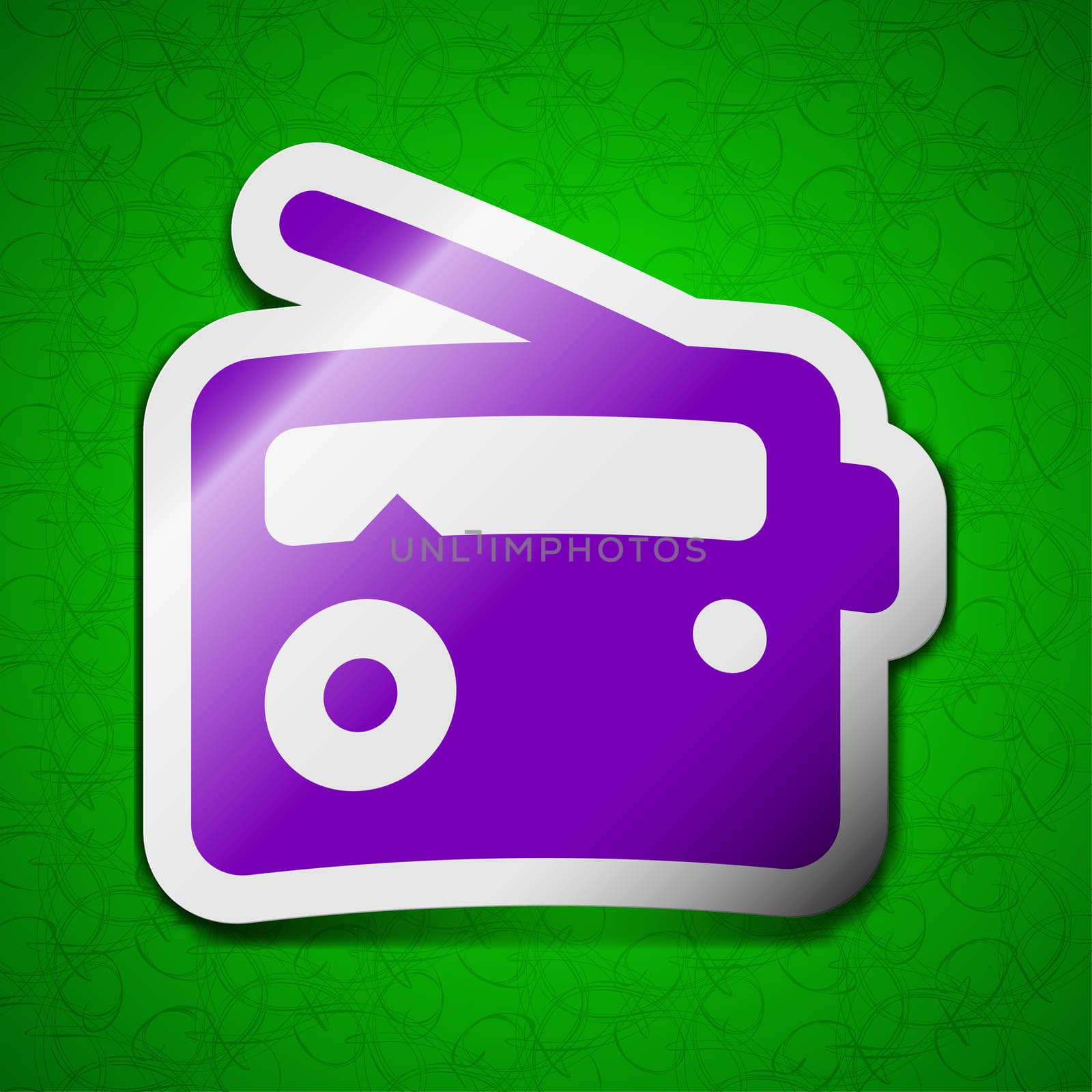 Retro Radio icon sign. Symbol chic colored sticky label on green background. illustration