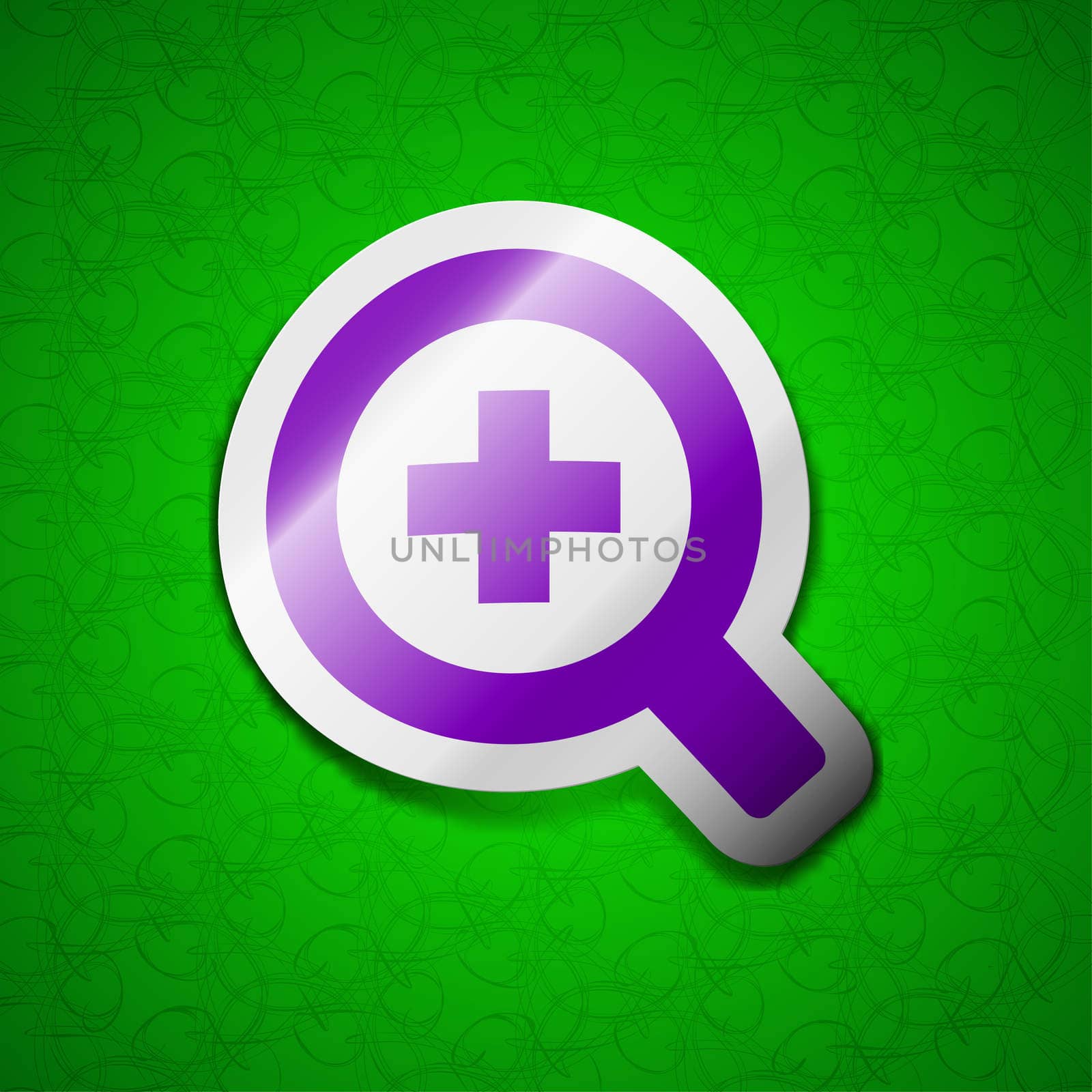 Magnifier glass, Zoom tool icon sign. Symbol chic colored sticky label on green background. illustration