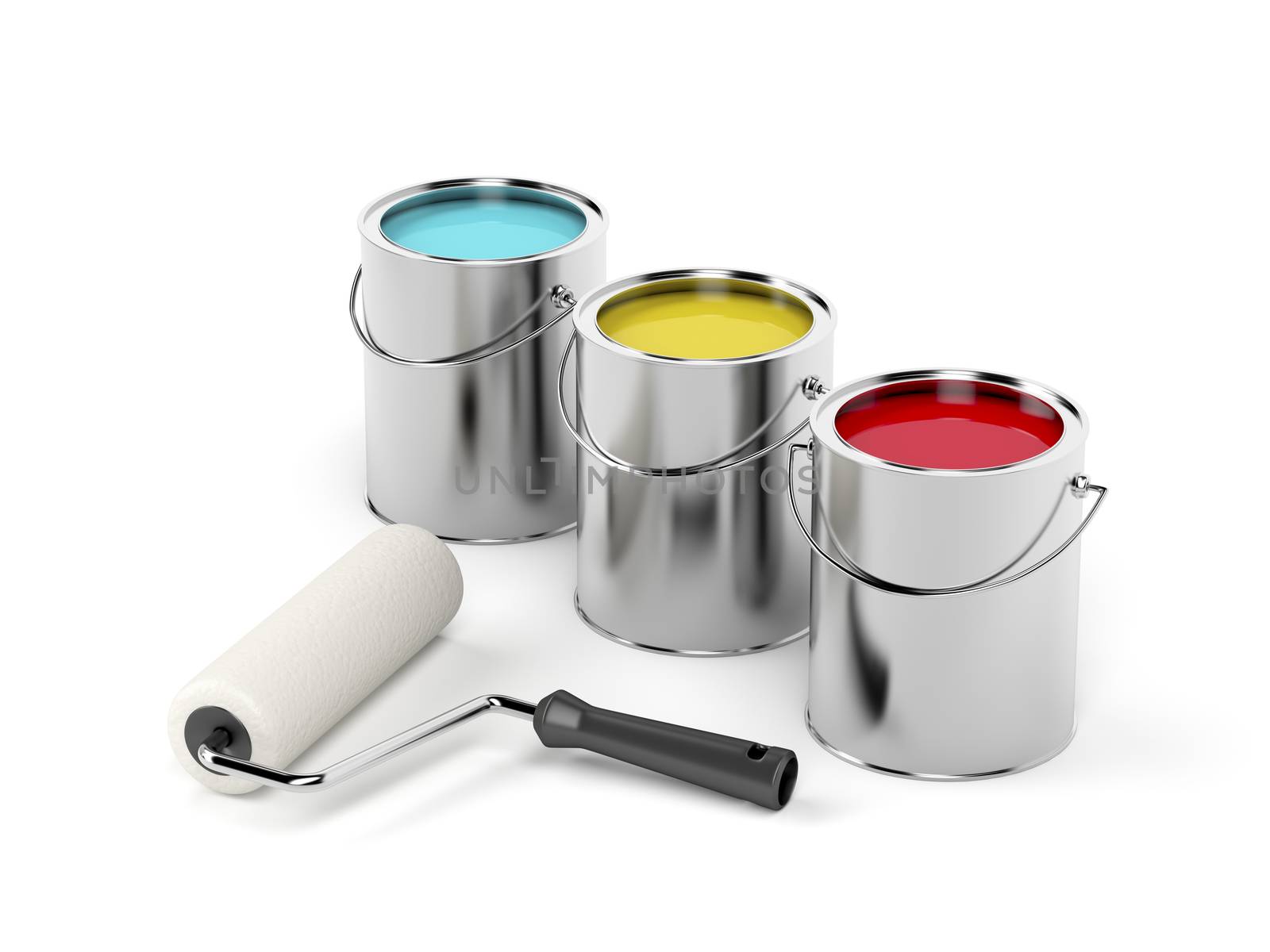 Paint roller and paint canisters with yellow, turquoise and red paints