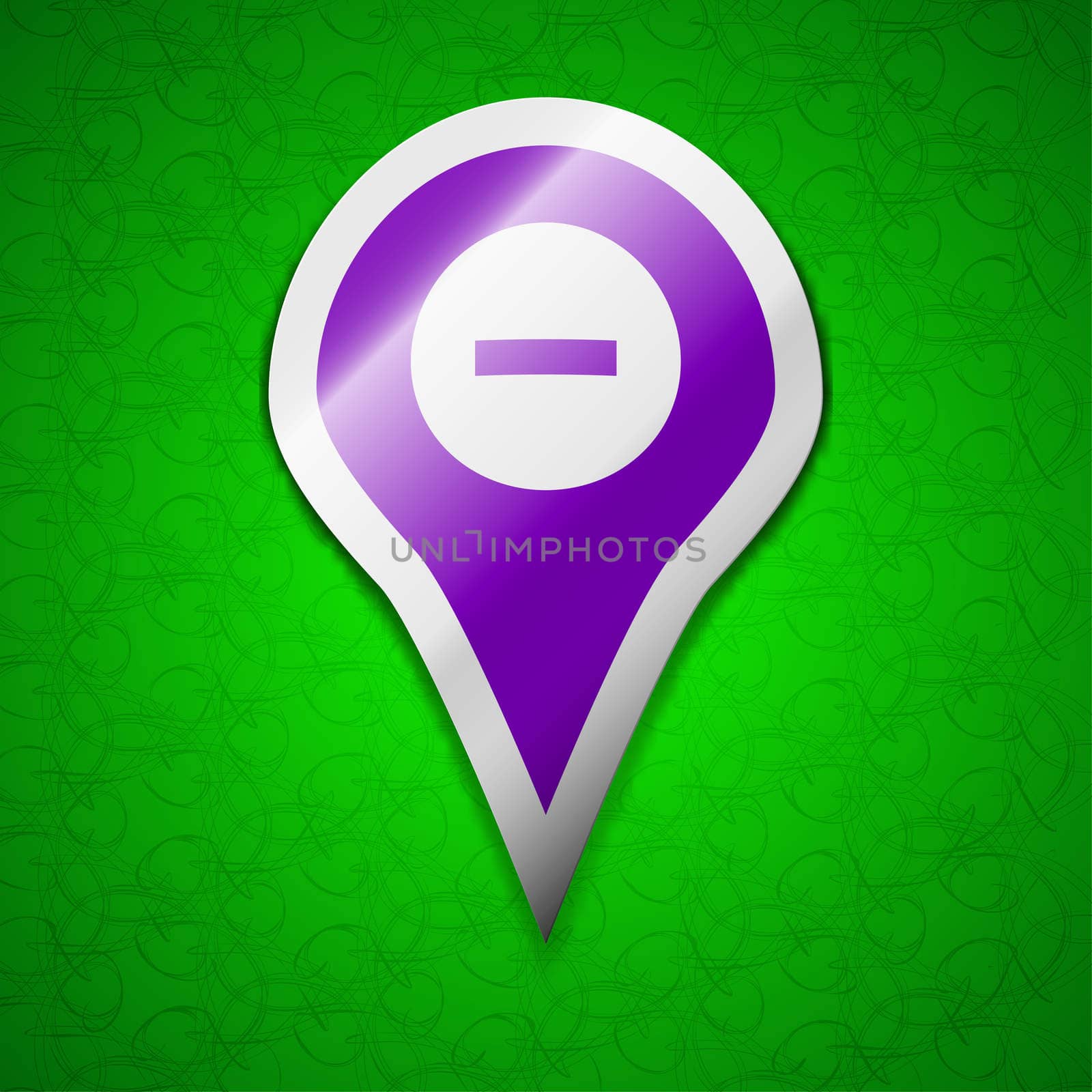 Minus Map pointer, GPS location icon sign. Symbol chic colored sticky label on green background. illustration