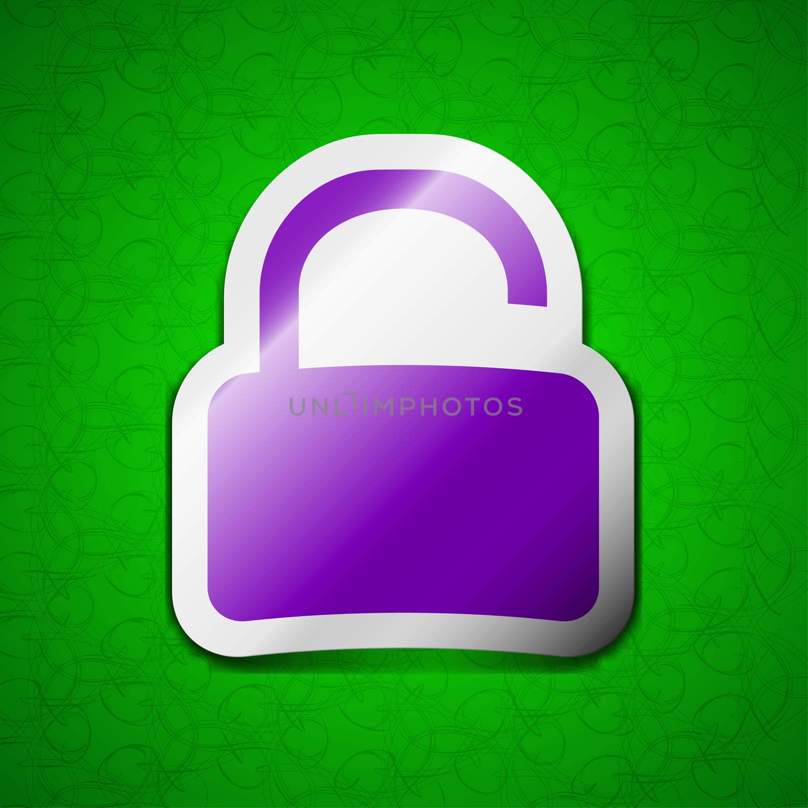 Open Padlock icon sign. Symbol chic colored sticky label on green background. illustration