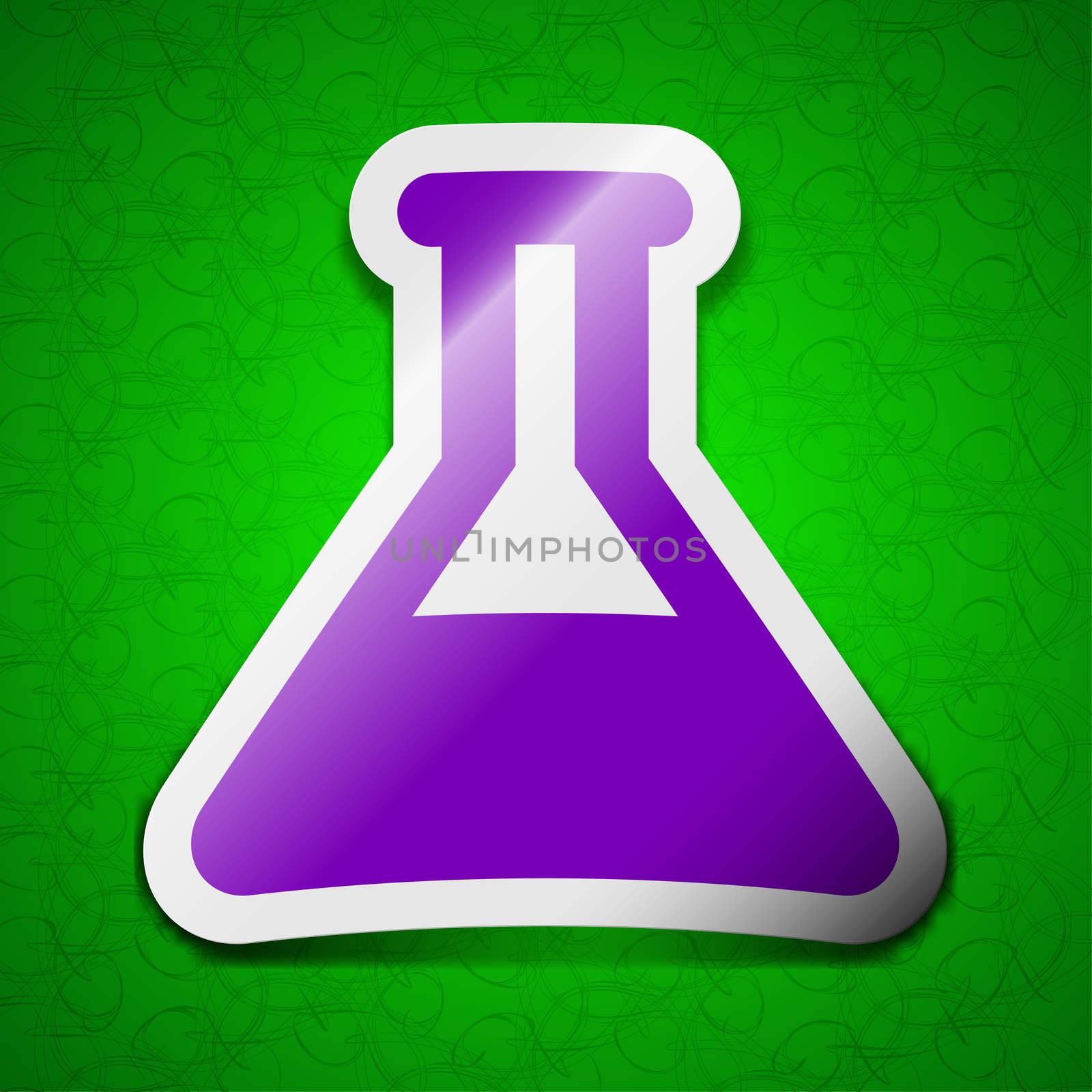 Conical Flask icon sign. Symbol chic colored sticky label on green background. illustration