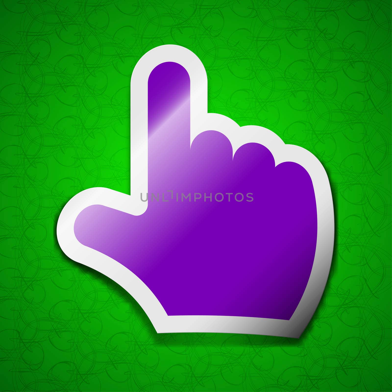 pointing hand icon sign. Symbol chic colored sticky label on green background. illustration