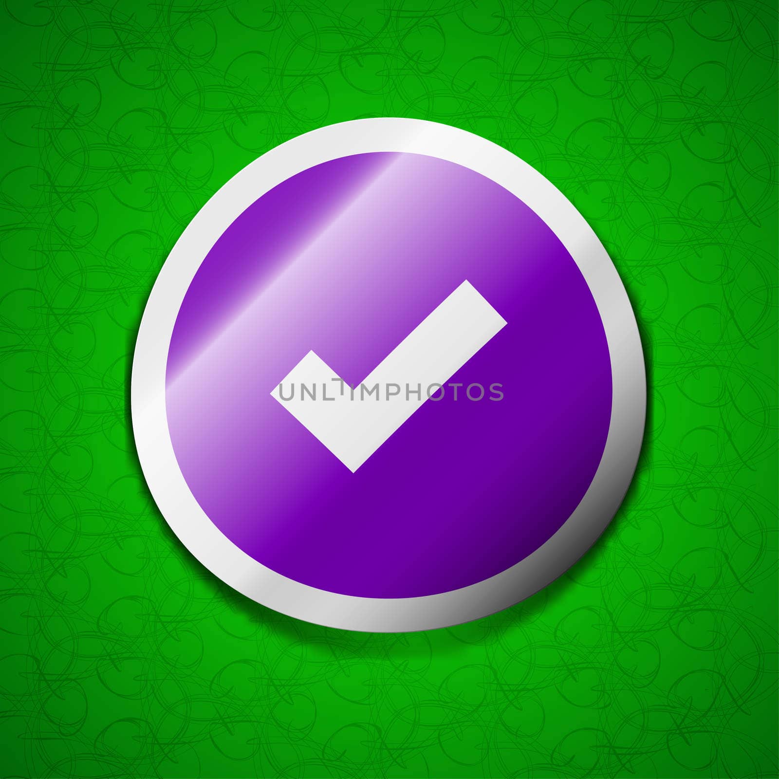 Check mark, tik icon sign. Symbol chic colored sticky label on green background. illustration