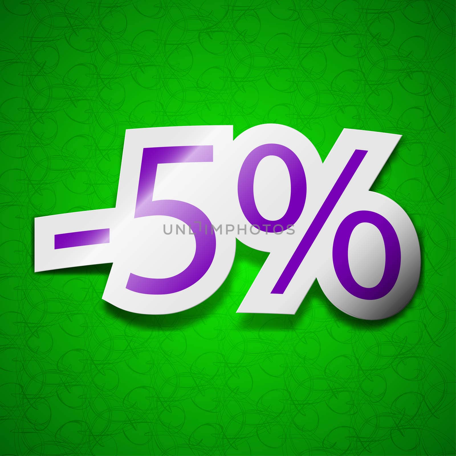 5 percent discount icon sign. Symbol chic colored sticky label on green background. illustration