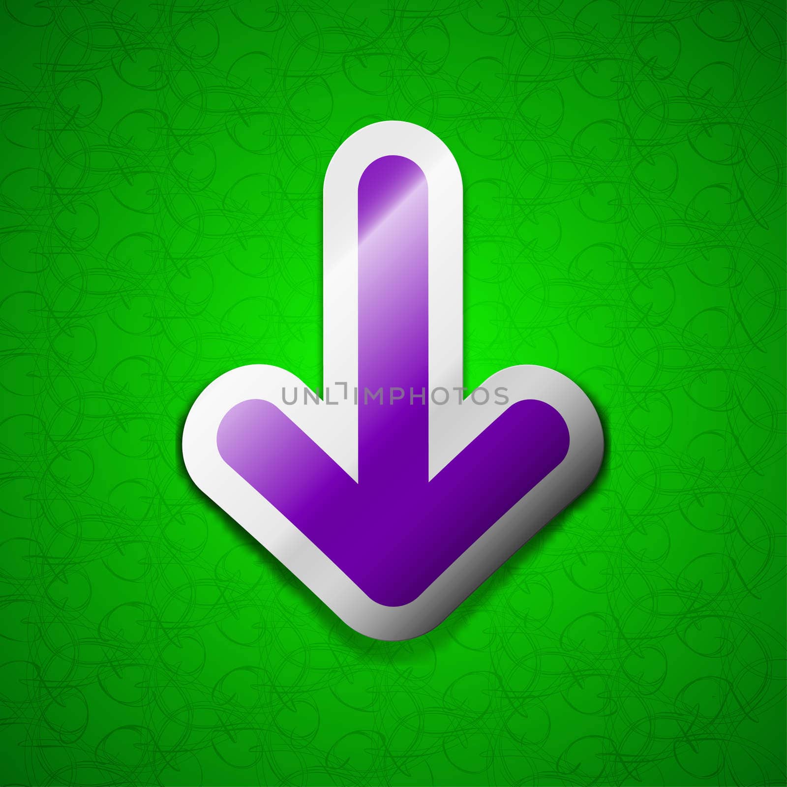 Arrow down, Download, Load, Backup icon sign. Symbol chic colored sticky label on green background. illustration