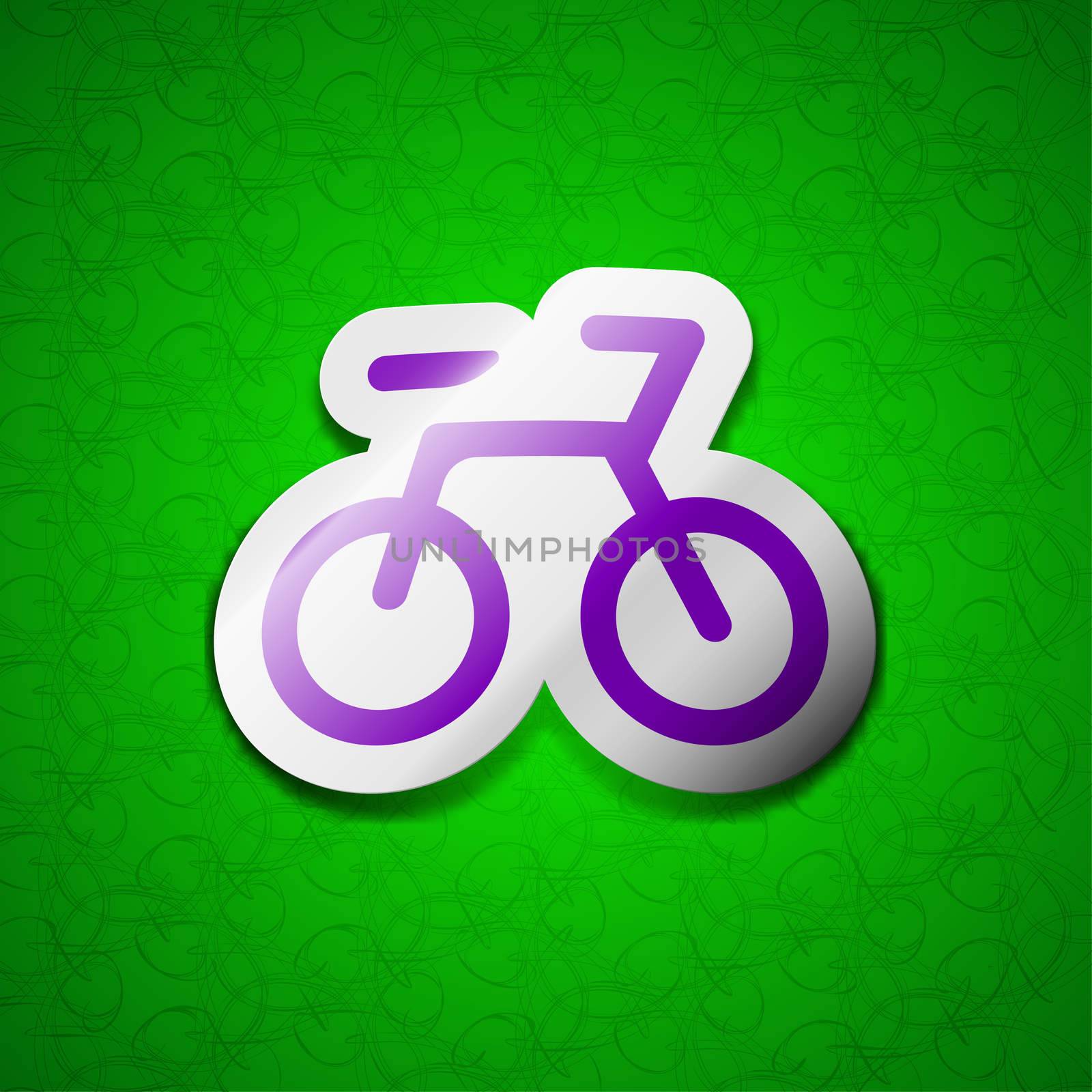Bicycle icon sign. Symbol chic colored sticky label on green background. illustration