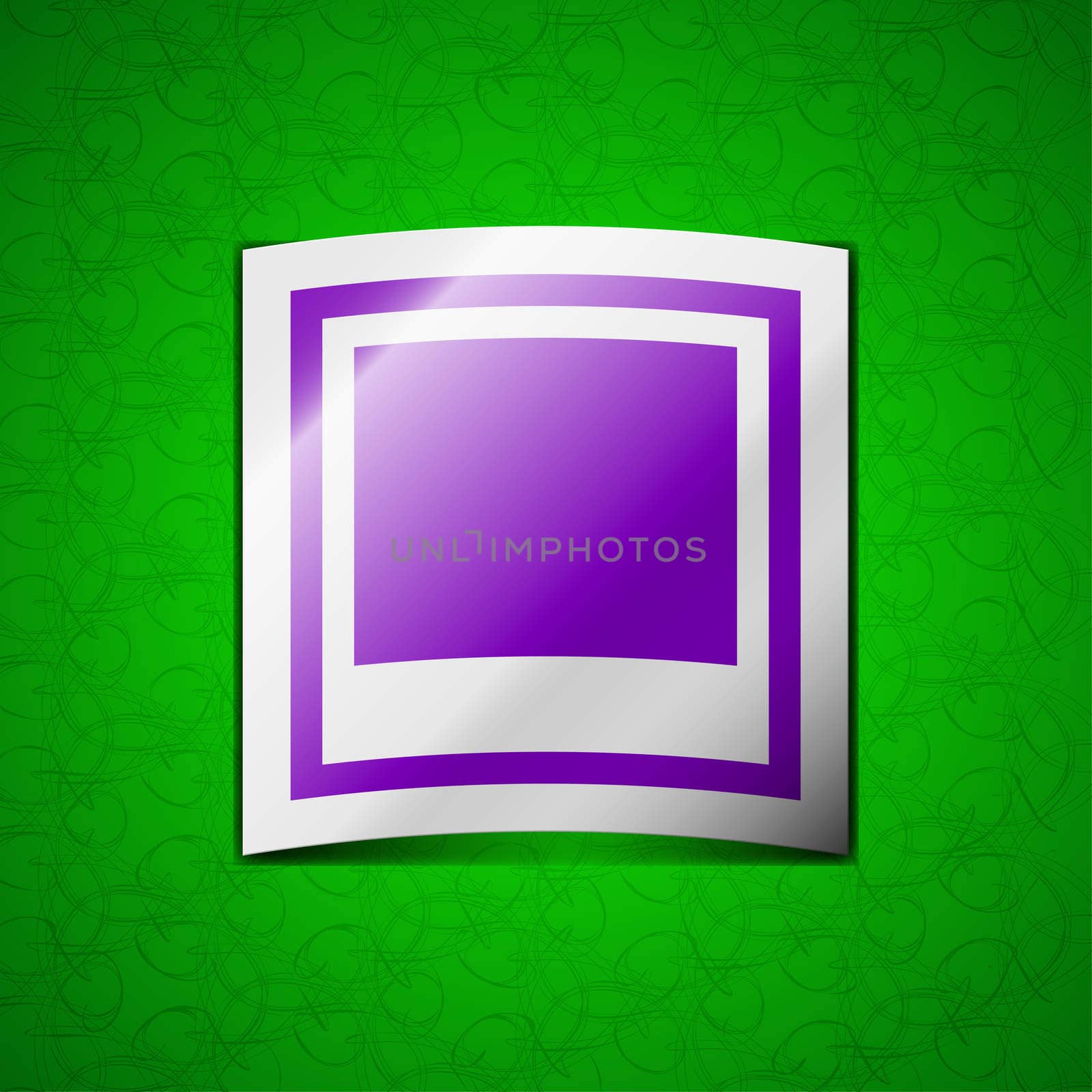 Photo frame template icon sign. Symbol chic colored sticky label on green background. illustration