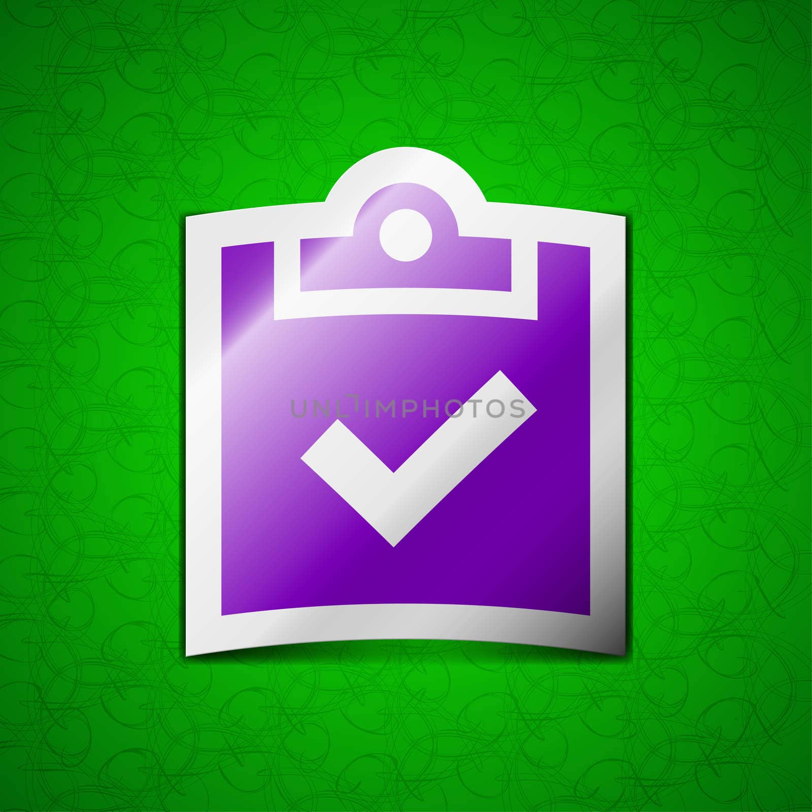 Check mark, tik icon sign. Symbol chic colored sticky label on green background.  by serhii_lohvyniuk