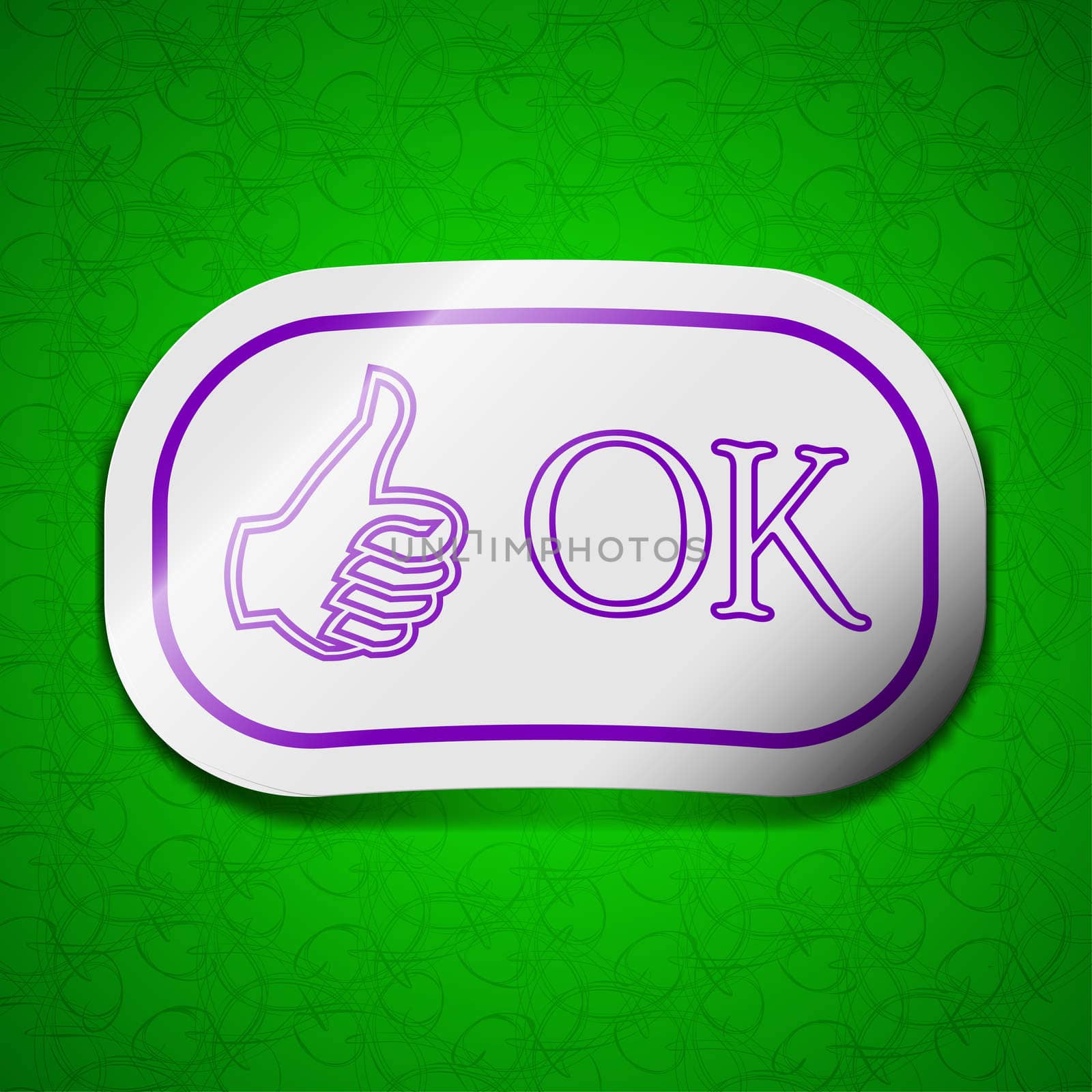 OK icon sign. Symbol chic colored sticky label on green background. illustration