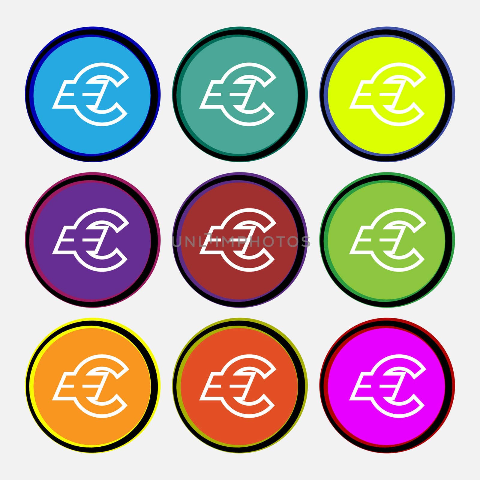 Euro EUR icon sign. Nine multi colored round buttons. illustration