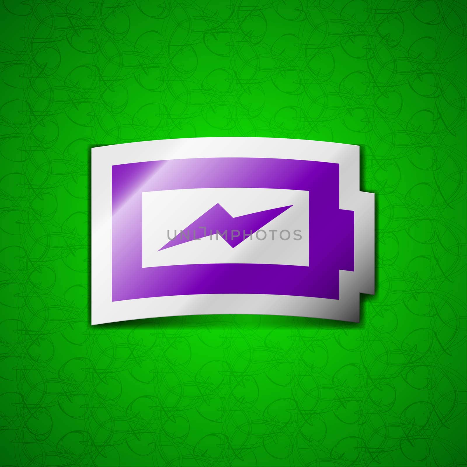 Battery charging icon sign. Symbol chic colored sticky label on green background. illustration