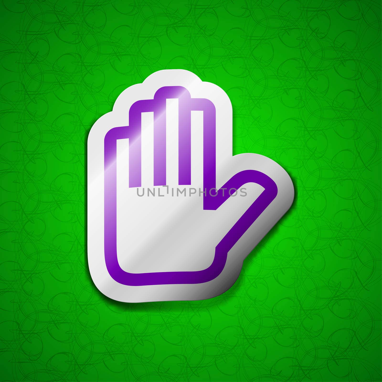 Hand print, Stop icon sign. Symbol chic colored sticky label on green background. illustration