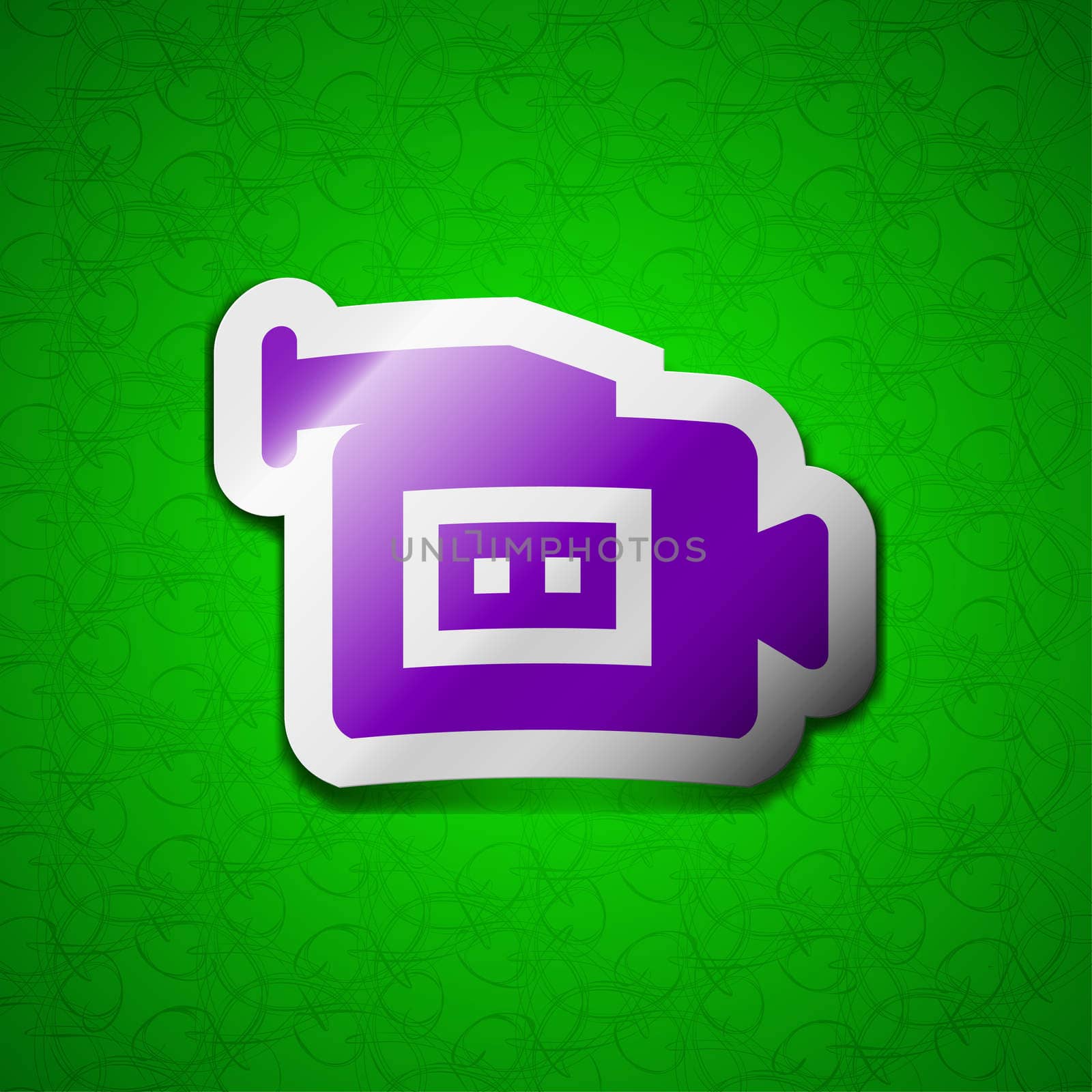 video camera icon sign. Symbol chic colored sticky label on green background. illustration