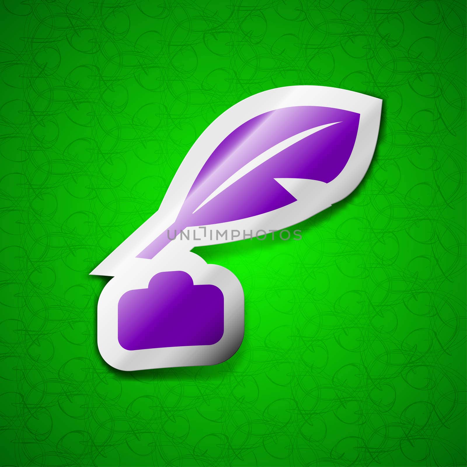 Feather, Retro pen icon sign. Symbol chic colored sticky label on green background. illustration